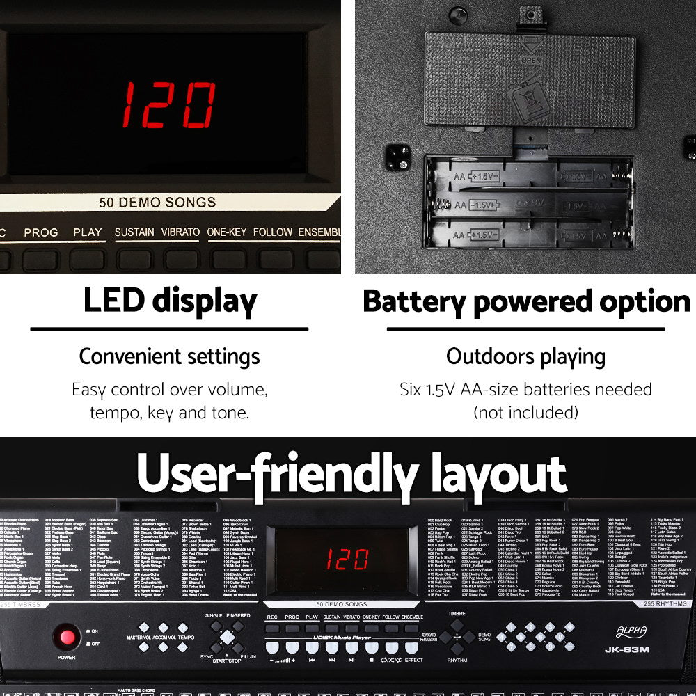 Alpha 61 Keys Electronic Piano Keyboard Digital Electric w/ Stand Sound Speaker EK-JK-63-BK-H