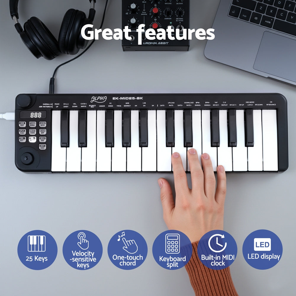 Alpha 25-Key MIDI Keyboard Controller Portable USB Laptop Black EK-MID25-BK