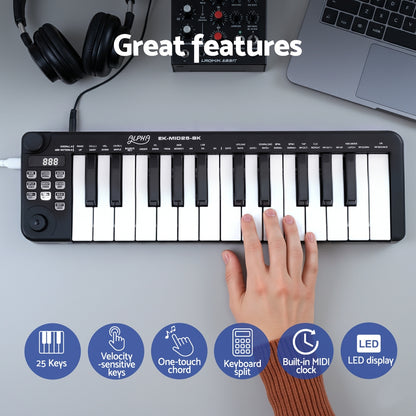 Alpha 25-Key MIDI Keyboard Controller Portable USB Laptop Black EK-MID25-BK