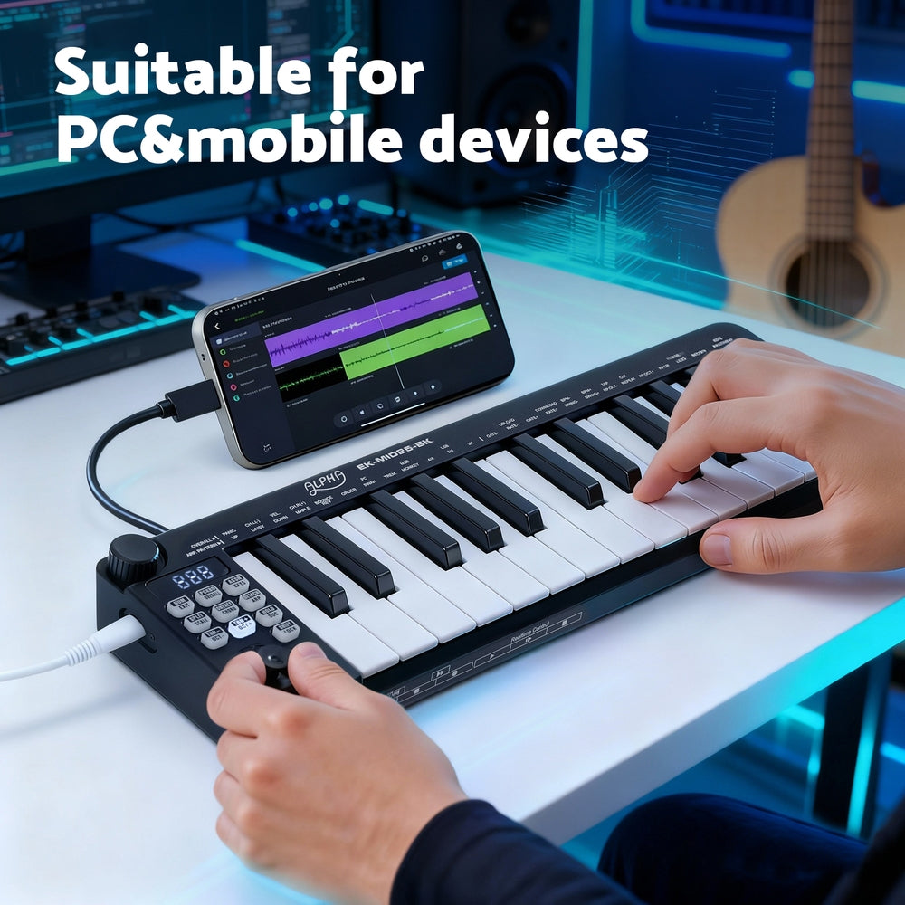 Alpha 25-Key MIDI Keyboard Controller Portable USB Laptop Black EK-MID25-BK