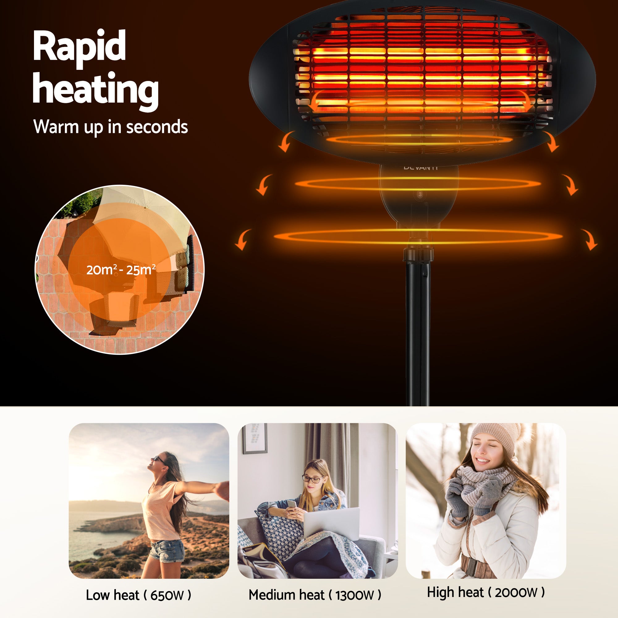 Devanti Electric Patio Heater 2000W EPH-2000-BK