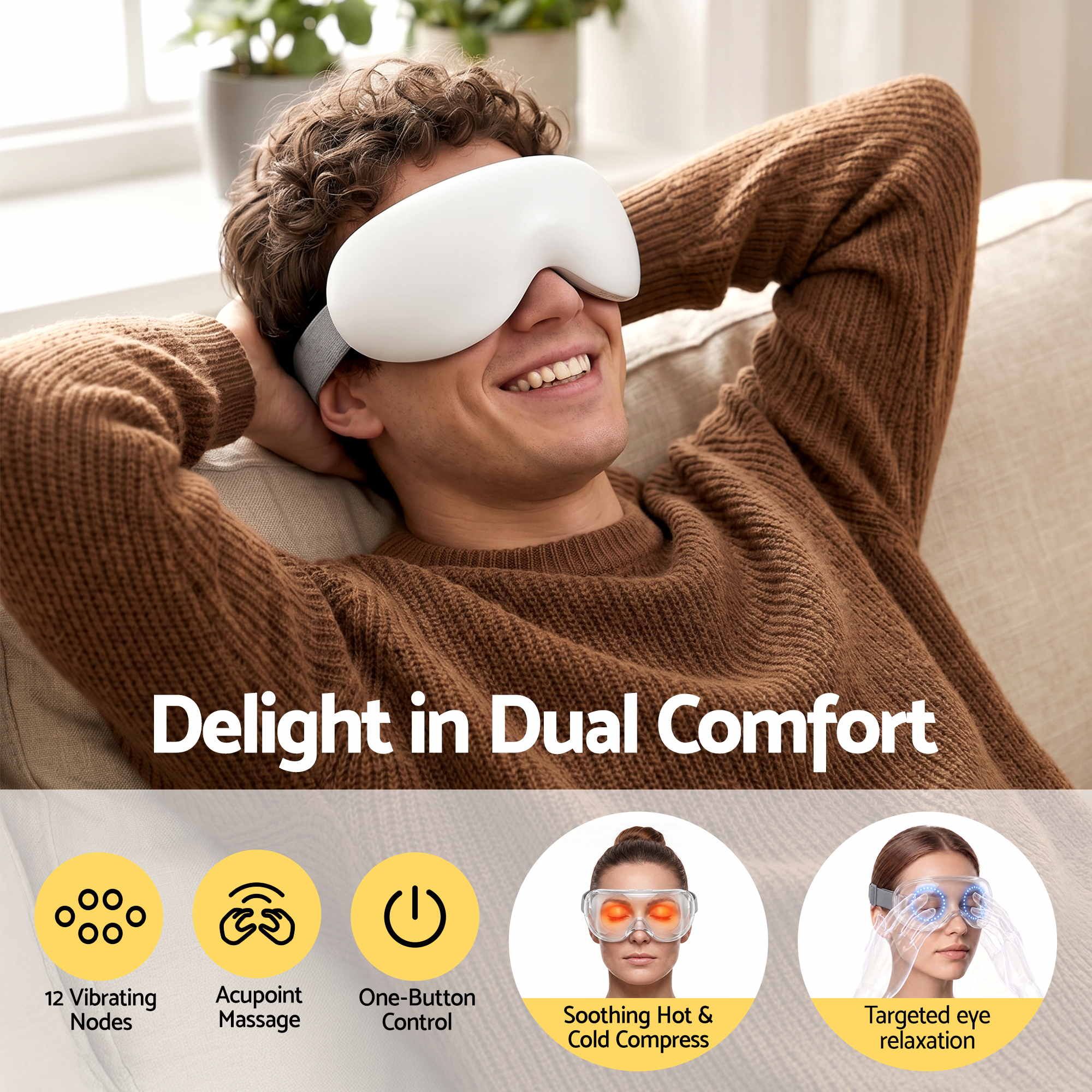 Livemor Eye Massager with Cooling & Heating | Dual Hot Cold Compress Goggles with 12 Vibrating Nodes for EYE-MASSAGE-03-COLD-WH