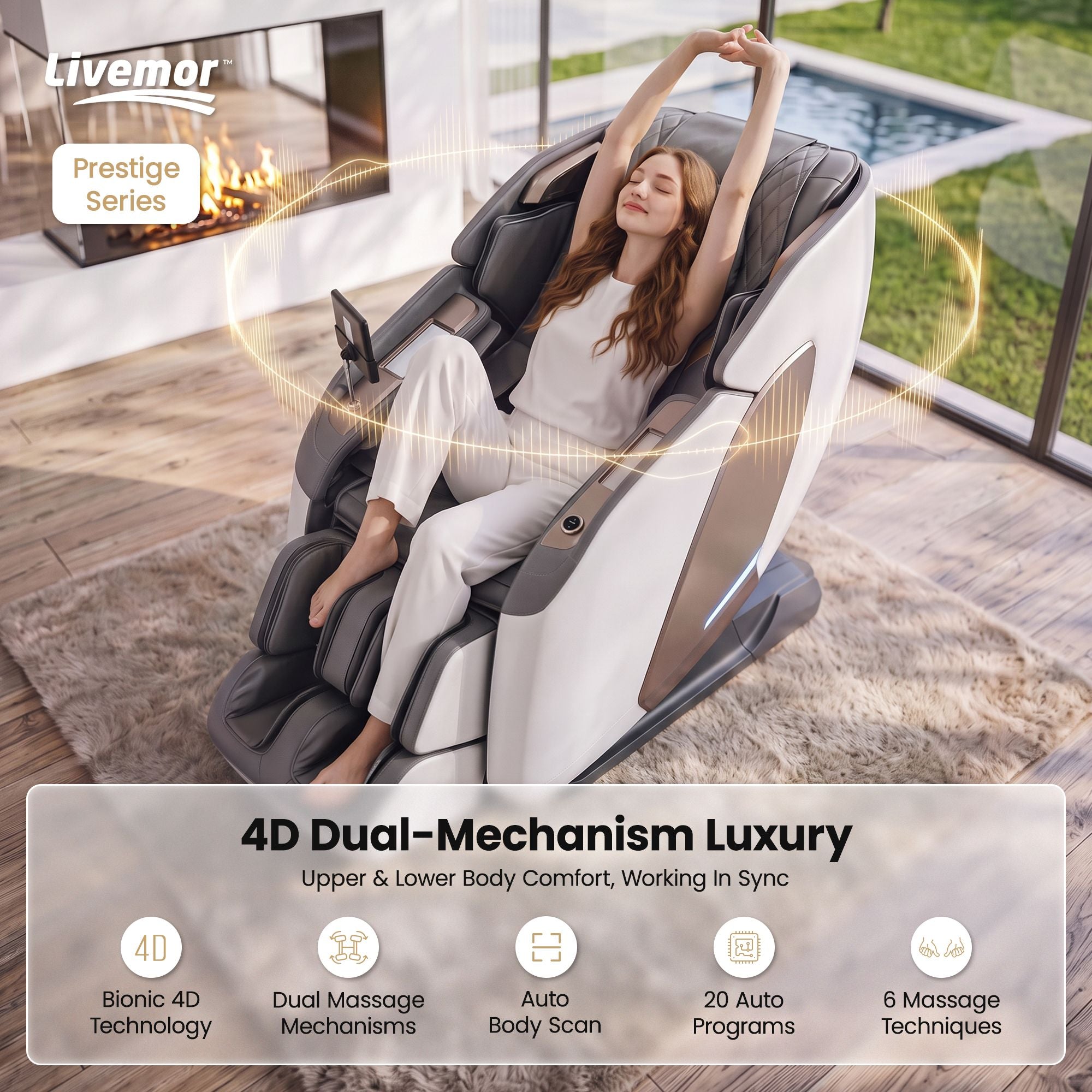 Livemor Prestige 4D Dual Mechanism Massage Chair, Full Body Zero Gravity Recliner with Extended SL Track, Body Scan, Air Compression, Waist Heating, Foot Rollers, Voice Control & Wireless Charging