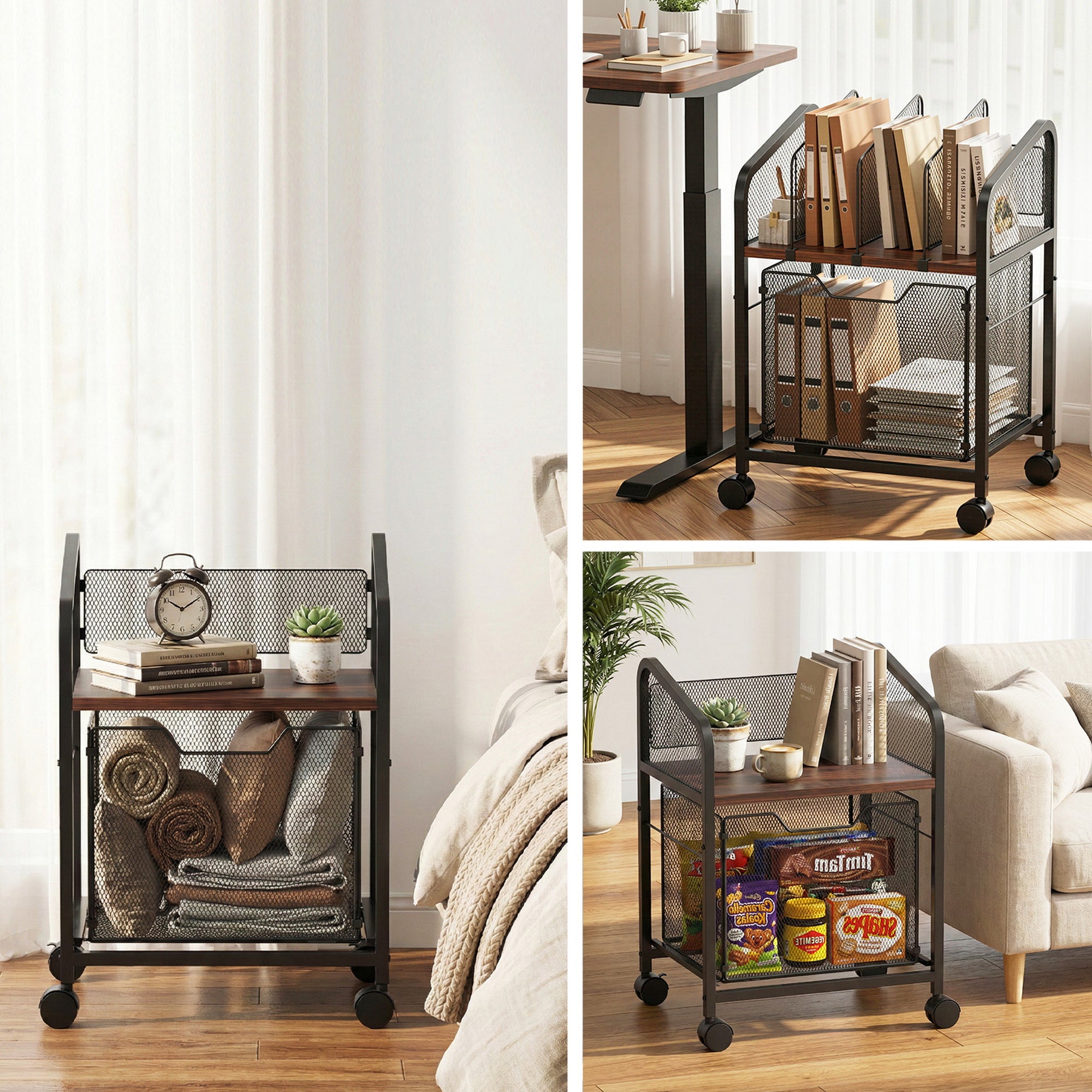 Artiss Mobile File Cabinet Rolling with Locking Wheels Wood Top Compact Storage Organiser Black FC-MESH-1D-BK