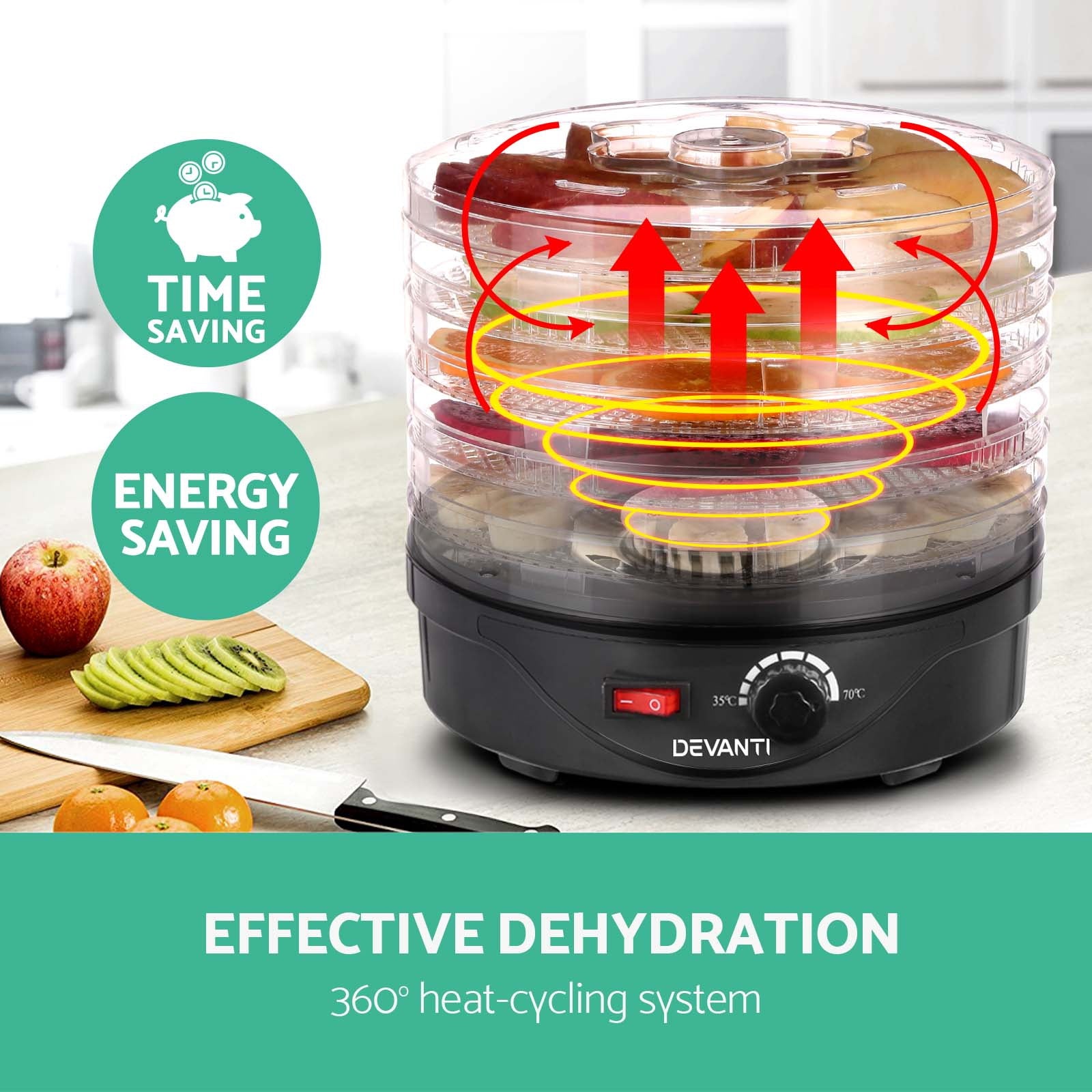 Devanti 5 Trays Food Dehydrator Fruit Dehydrators Pet Beef Jerky Dryer Black FD-B-1142-5T-BK