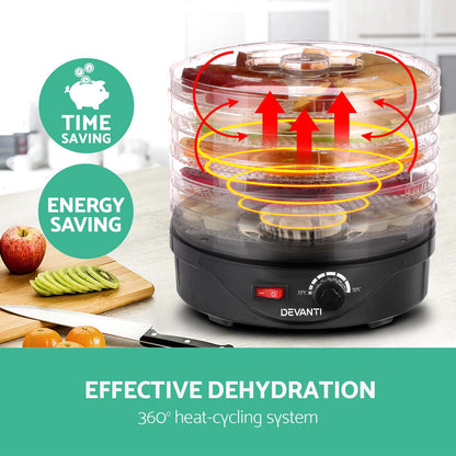 Devanti 5 Trays Food Dehydrator Fruit Dehydrators Pet Beef Jerky Dryer Black FD-B-1142-5T-BK