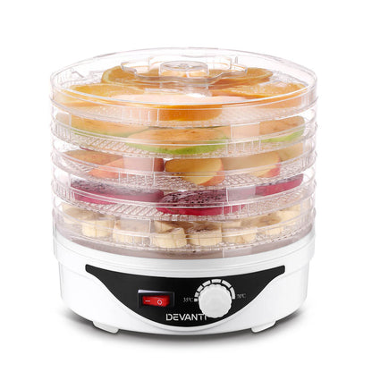 Devanti 5 Trays Food Dehydrator Fruit Dehydrators Pet Beef Jerky Dryer White FD-B-1142-5T-WH