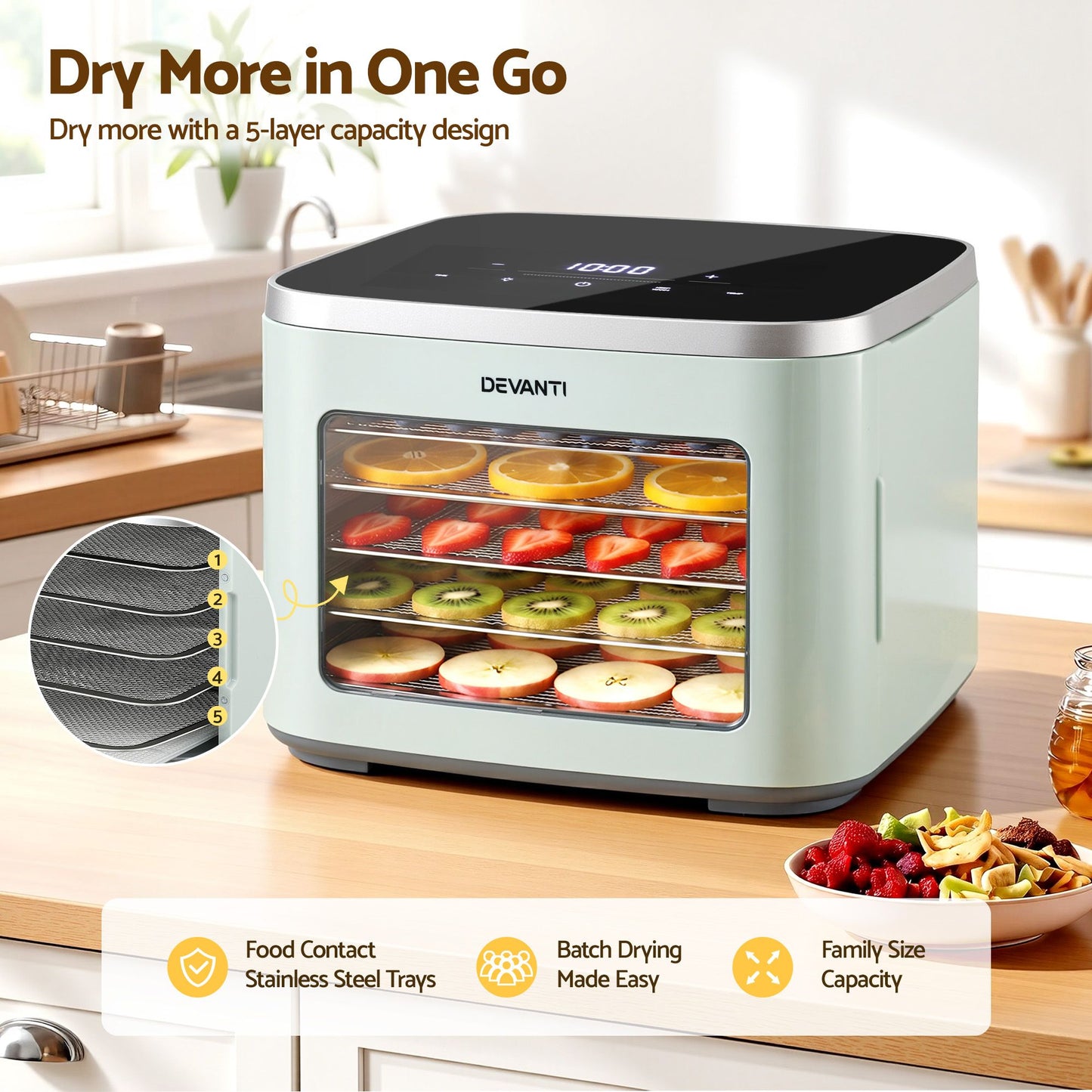 Devanti Food Dehydrator Machine 5 Tray Mini Fruit Dryer Maker Green FD-E-309A-5T-GN