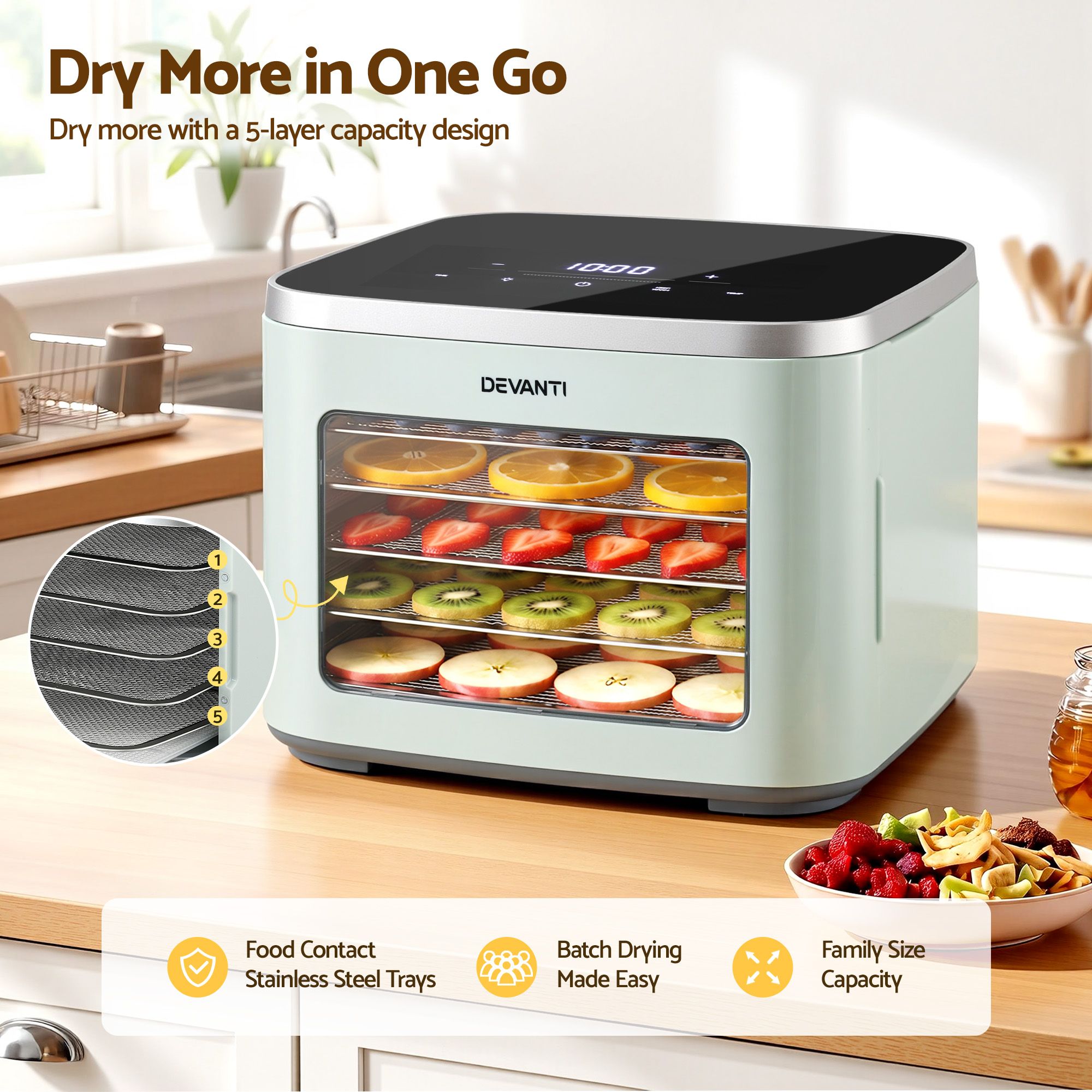Devanti Food Dehydrator Machine 5 Tray Mini Fruit Dryer Maker Green