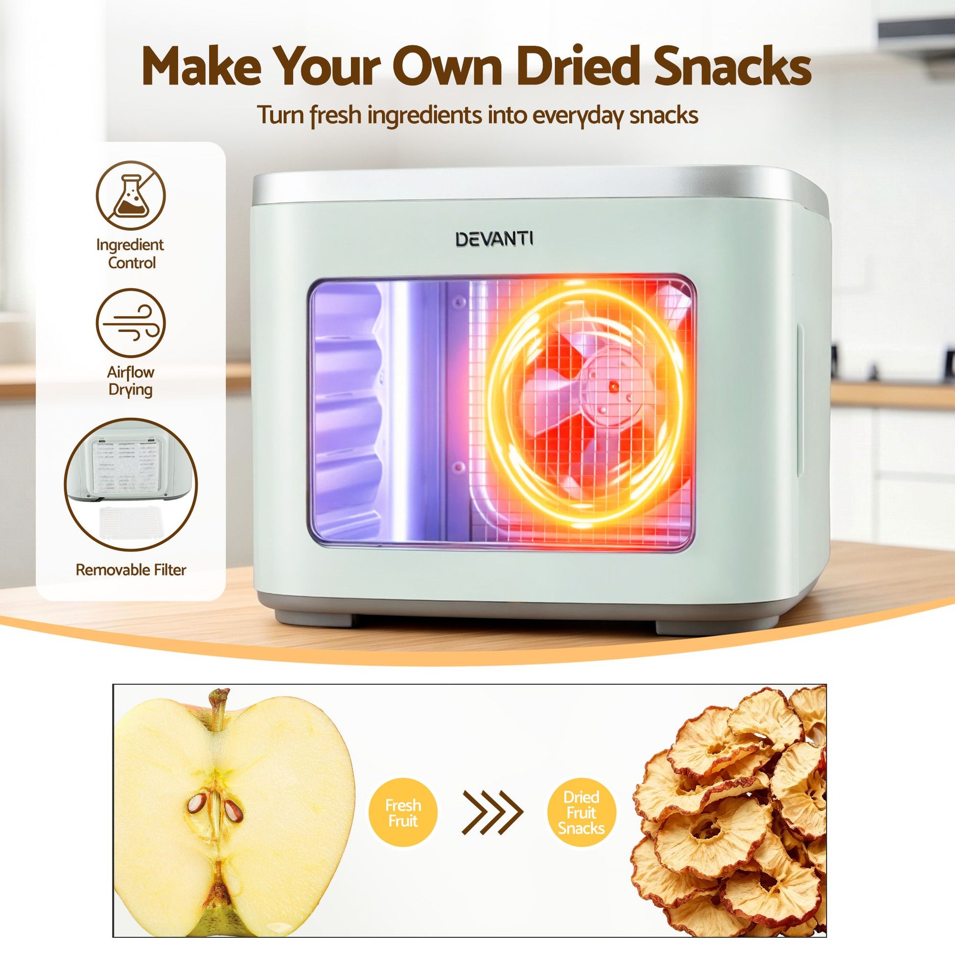 Devanti Food Dehydrator Machine 5 Tray Mini Fruit Dryer Maker Green FD-E-309A-5T-GN