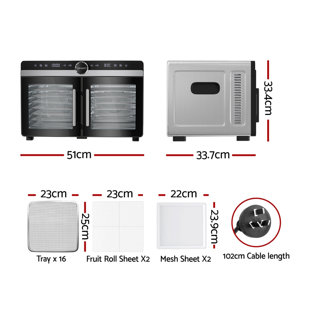 Devanti 16 Trays Food Dehydrator Dual-Zone Stainless Steel FD-E-601A-16T-SS