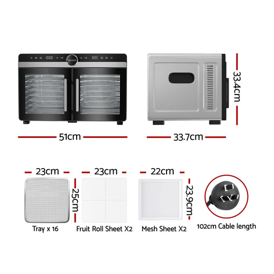 Devanti 16 Trays Food Dehydrator Dual-Zone Stainless Steel FD-E-601A-16T-SS