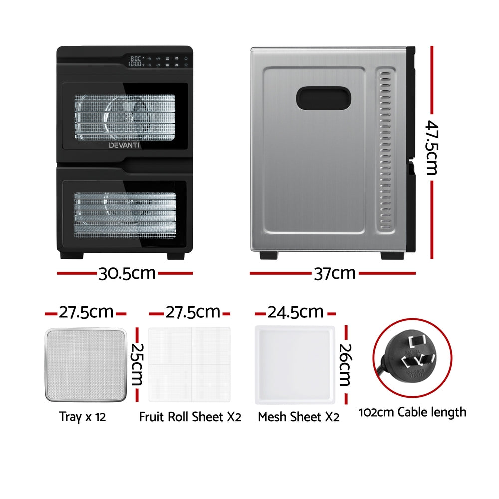 Devanti 12 Trays Food Dehydrator Dual-Zone Stainless Steel Fruit Jerky Dryer FD-E-661A-12T-SS