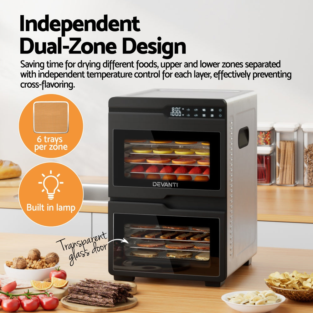 Devanti 12 Trays Food Dehydrator Dual-Zone Stainless Steel Fruit Jerky Dryer FD-E-661A-12T-SS