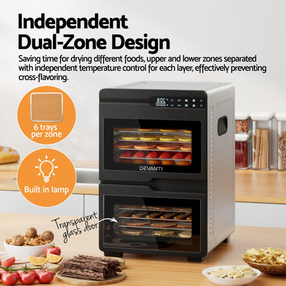Devanti 12 Trays Food Dehydrator Dual-Zone Stainless Steel Fruit Jerky Dryer FD-E-661A-12T-SS