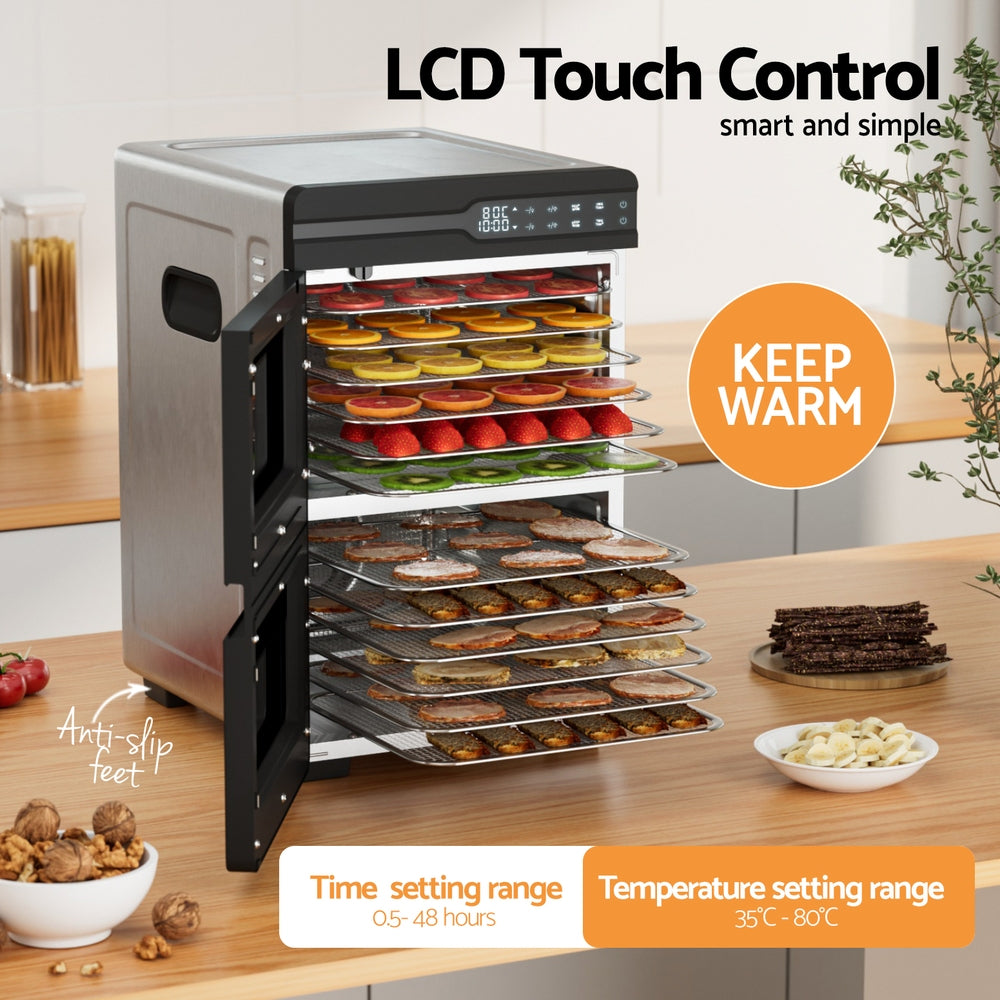 Devanti 12 Trays Food Dehydrator Dual-Zone Stainless Steel Fruit Jerky Dryer FD-E-661A-12T-SS