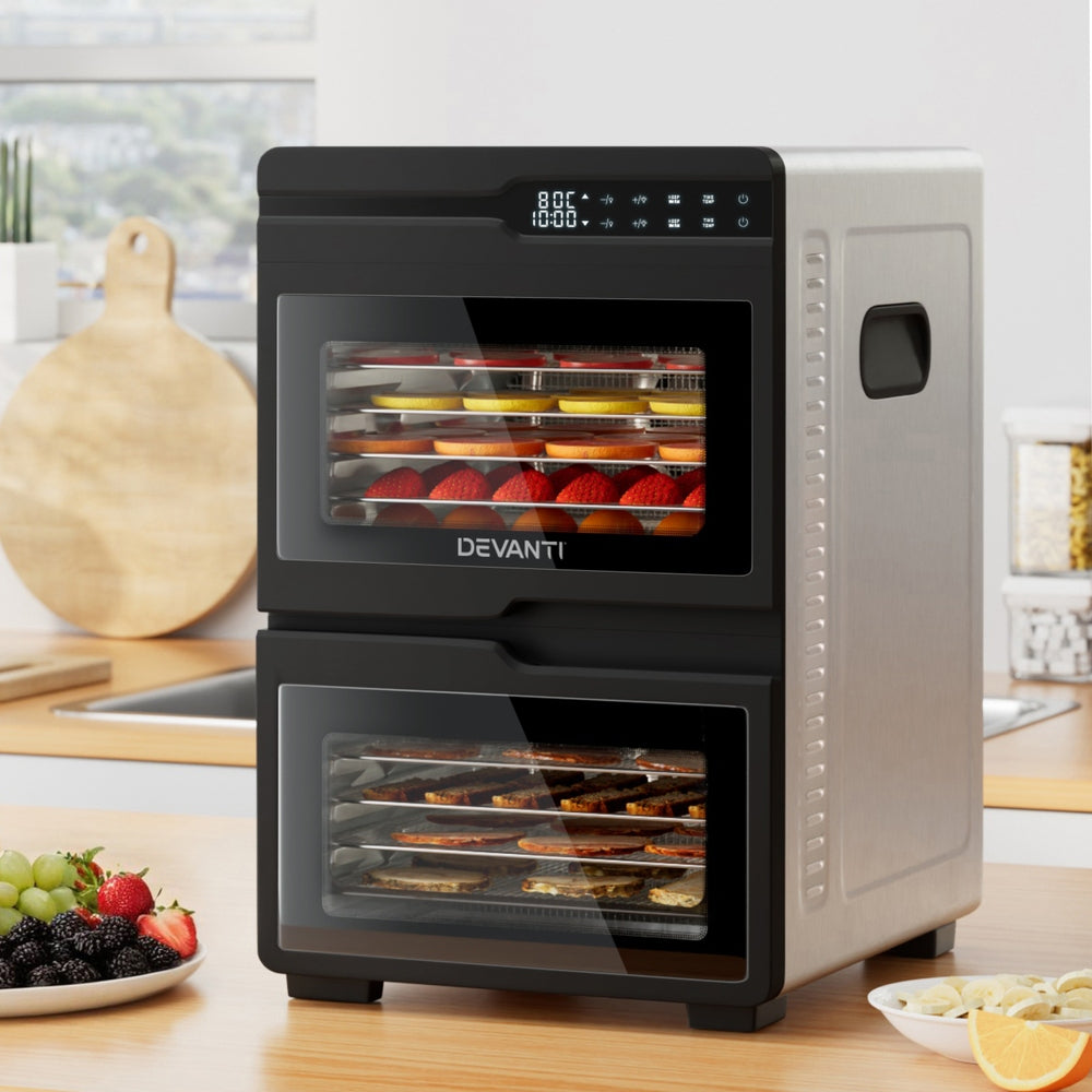 Devanti 12 Trays Food Dehydrator Dual-Zone Stainless Steel Fruit Jerky Dryer FD-E-661A-12T-SS