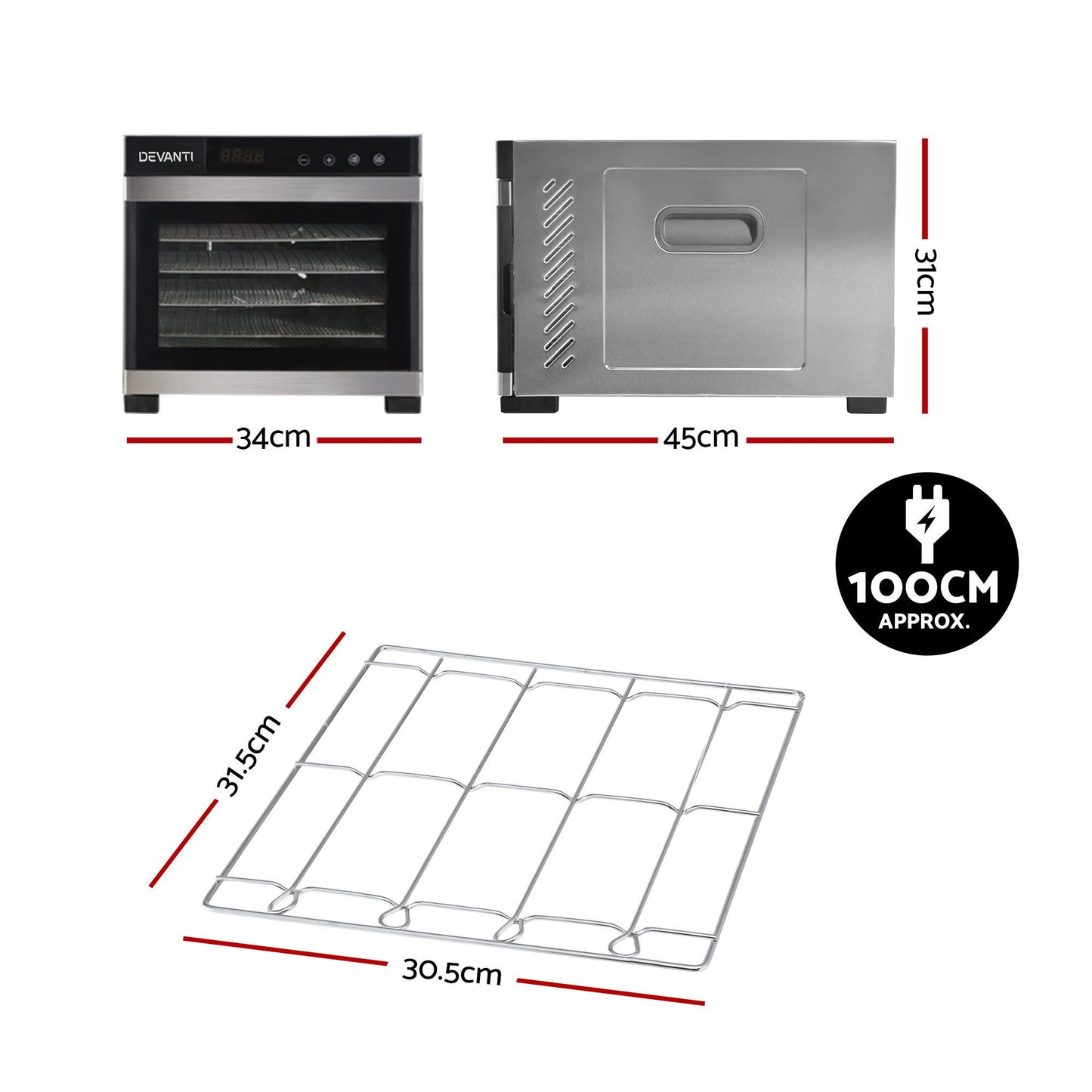 Devanti Food Dehydrator 6 Tray Fruit Dryer Jerky Maker With Stainless Steel Rack FD-E-RACK-306