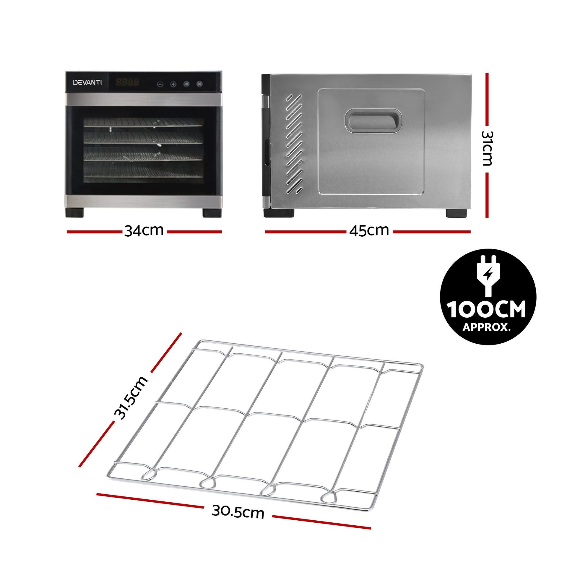 Devanti Food Dehydrator 6 Tray Fruit Dryer Jerky Maker With Stainless Steel Rack FD-E-RACK-306