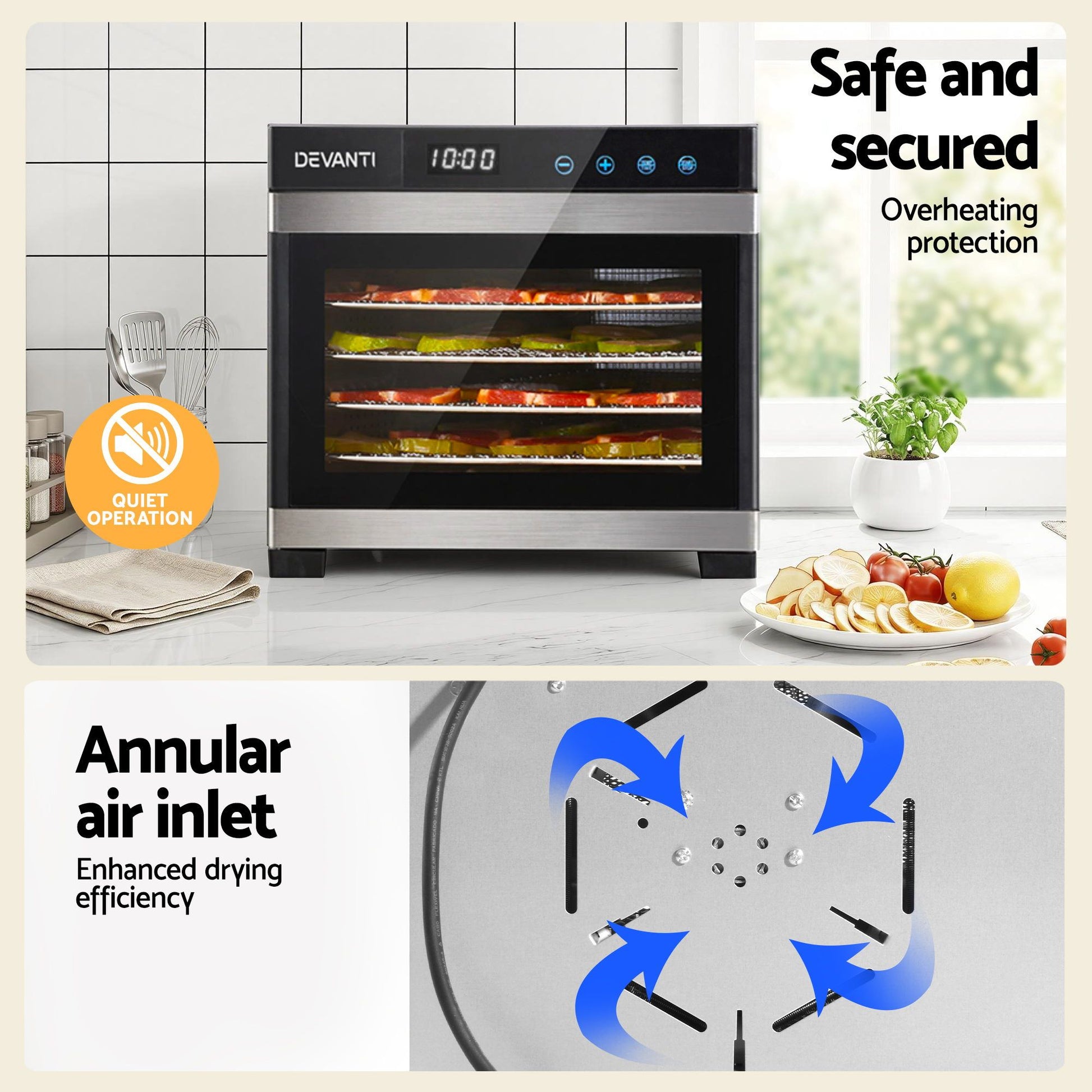 Devanti Food Dehydrator 6 Tray Fruit Dryer Jerky Maker With Stainless Steel Rack FD-E-RACK-306