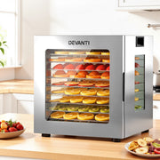 Devanti 10 Trays Food Dehydrator Stainless Steel Visible Glass Door 850W FD-F-1013-10T-SS