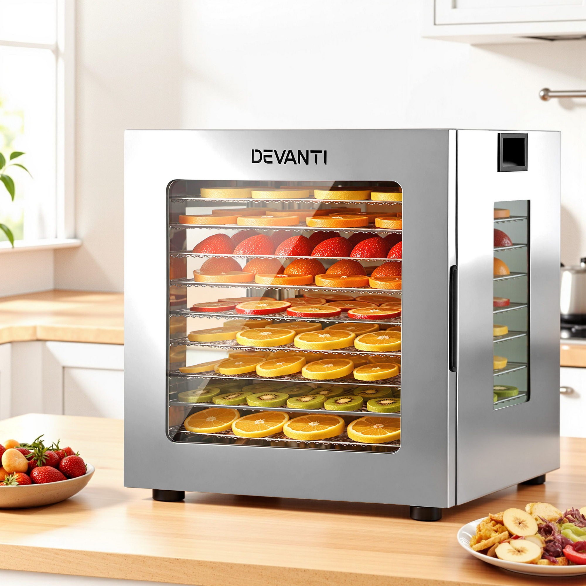 Devanti 10 Trays Food Dehydrator Stainless Steel Visible Glass Door 850W FD-F-1013-10T-SS