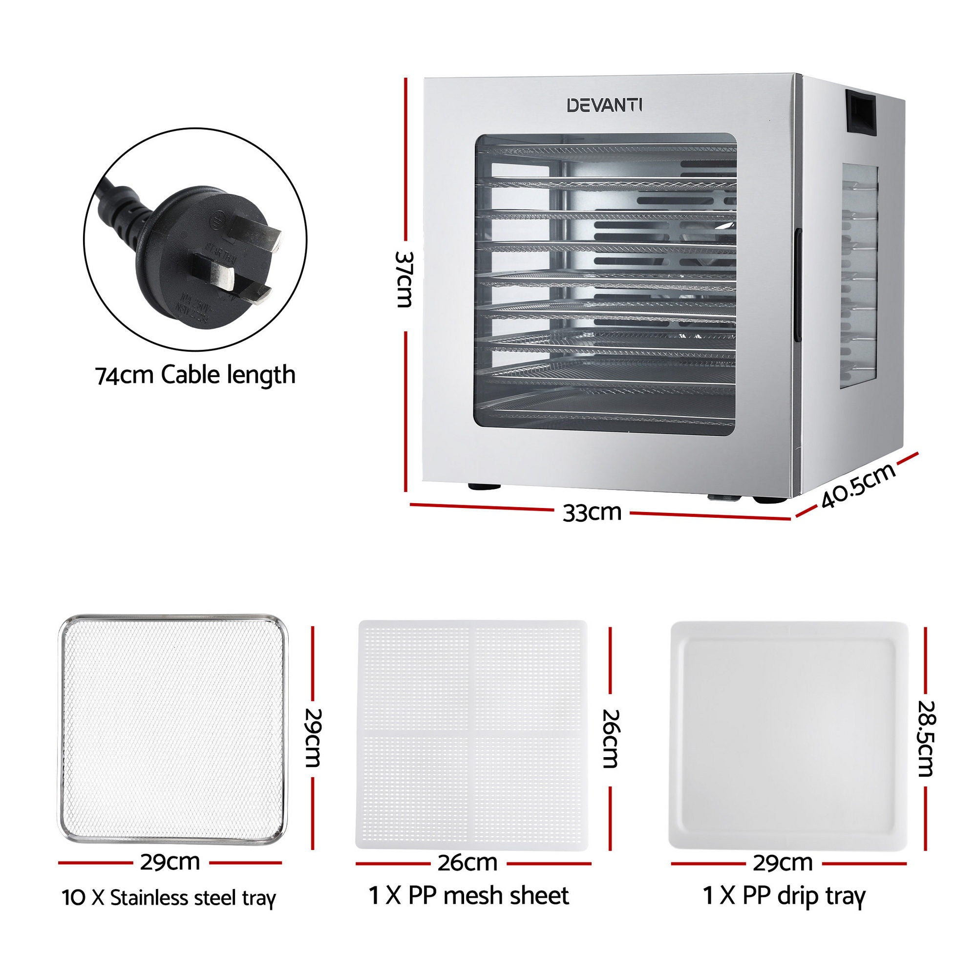Devanti 10 Trays Food Dehydrator Stainless Steel Visible Glass Door 850W FD-F-1013-10T-SS