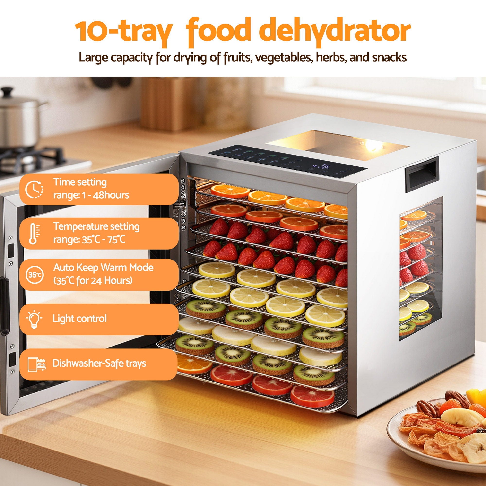 Devanti 10 Trays Food Dehydrator Stainless Steel Visible Glass Door 850W FD-F-1013-10T-SS