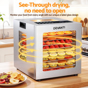 Devanti 10 Trays Food Dehydrator Stainless Steel Visible Glass Door 850W FD-F-1013-10T-SS