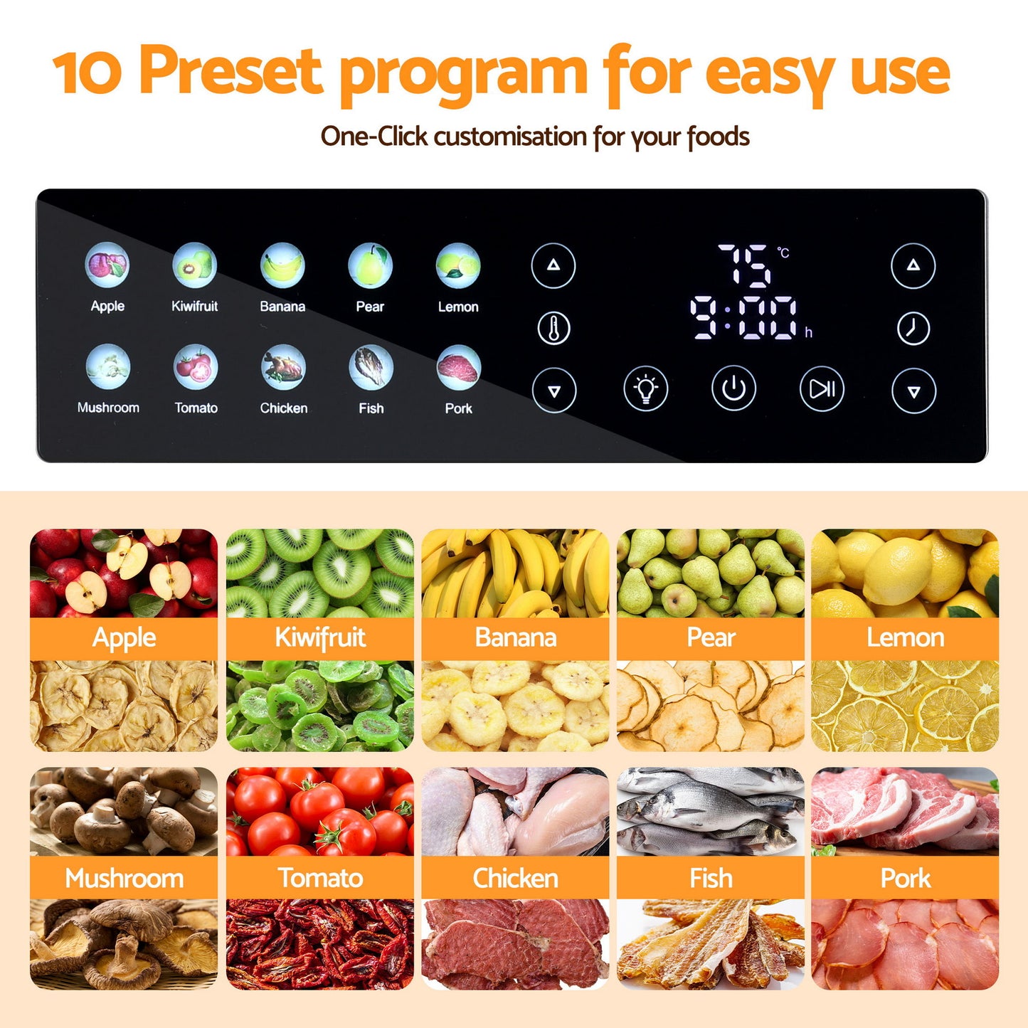 Devanti 10 Trays Food Dehydrator Stainless Steel Visible Glass Door 850W FD-F-1013-10T-SS