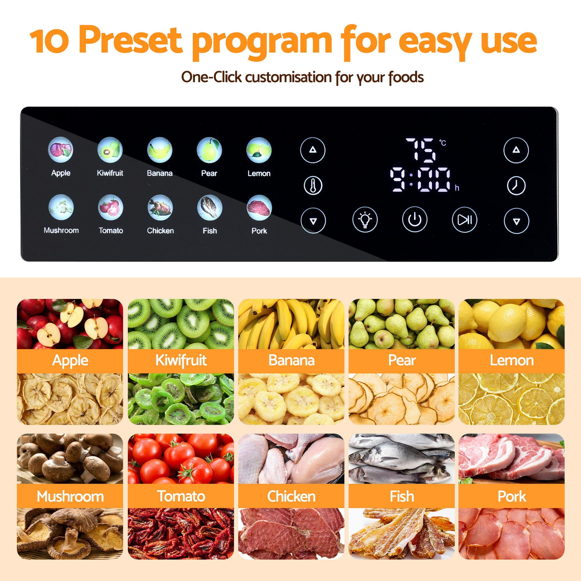 Devanti 10 Trays Food Dehydrator Stainless Steel Visible Glass Door 850W FD-F-1013-10T-SS