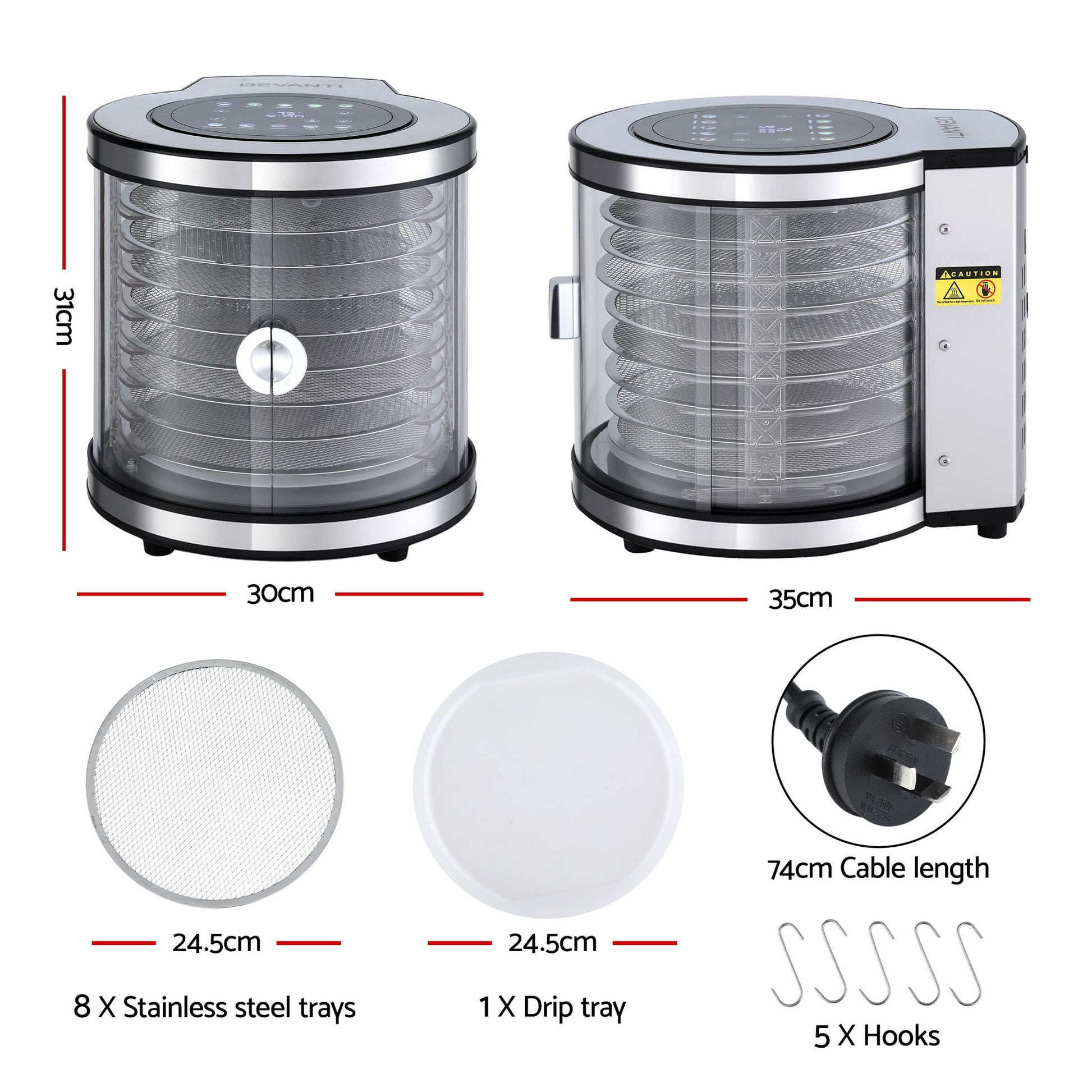 Devanti 8 Trays Food Dehydrator Stainless Steel Auto-Rotate 10 Programs 700W FD-F-360-8T-SS