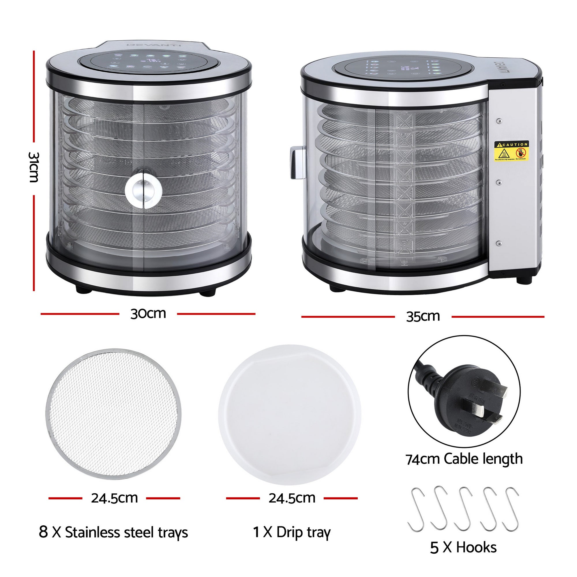 Devanti 8 Trays Food Dehydrator Stainless Steel Auto-Rotate 10 Programs 700W FD-F-360-8T-SS