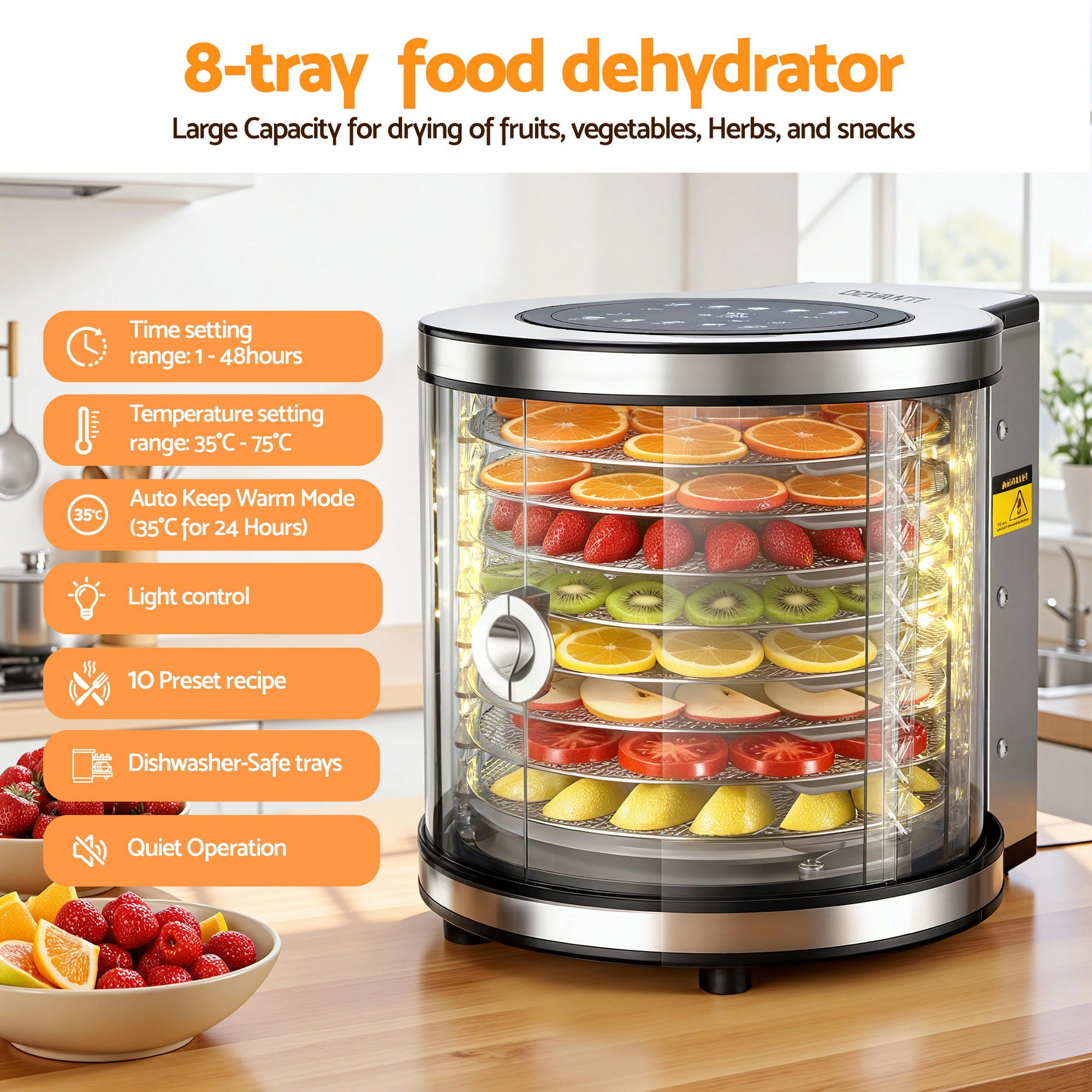 Devanti 8 Trays Food Dehydrator Stainless Steel Auto-Rotate 10 Programs 700W FD-F-360-8T-SS