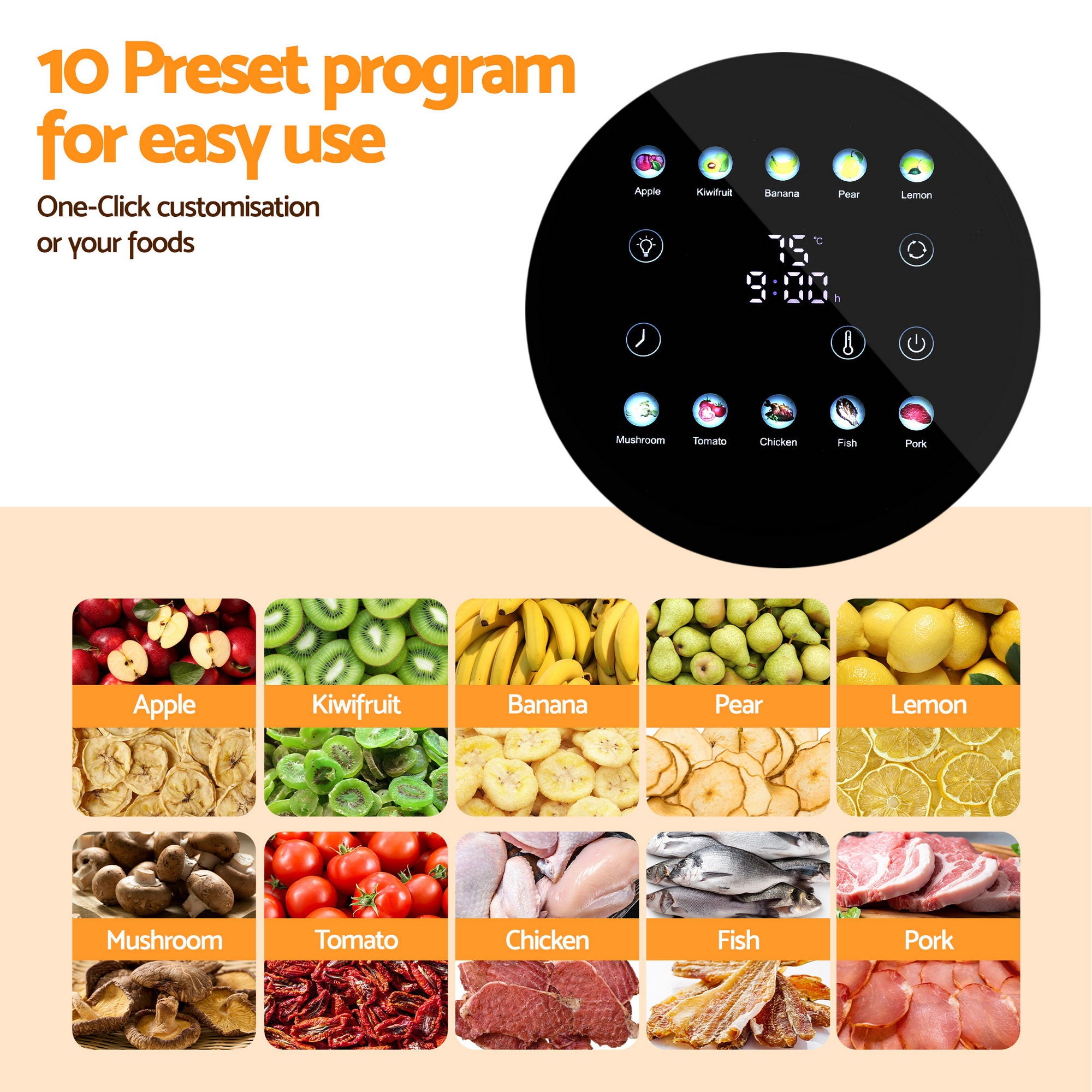 Devanti 8 Trays Food Dehydrator Stainless Steel Auto-Rotate 10 Programs 700W FD-F-360-8T-SS