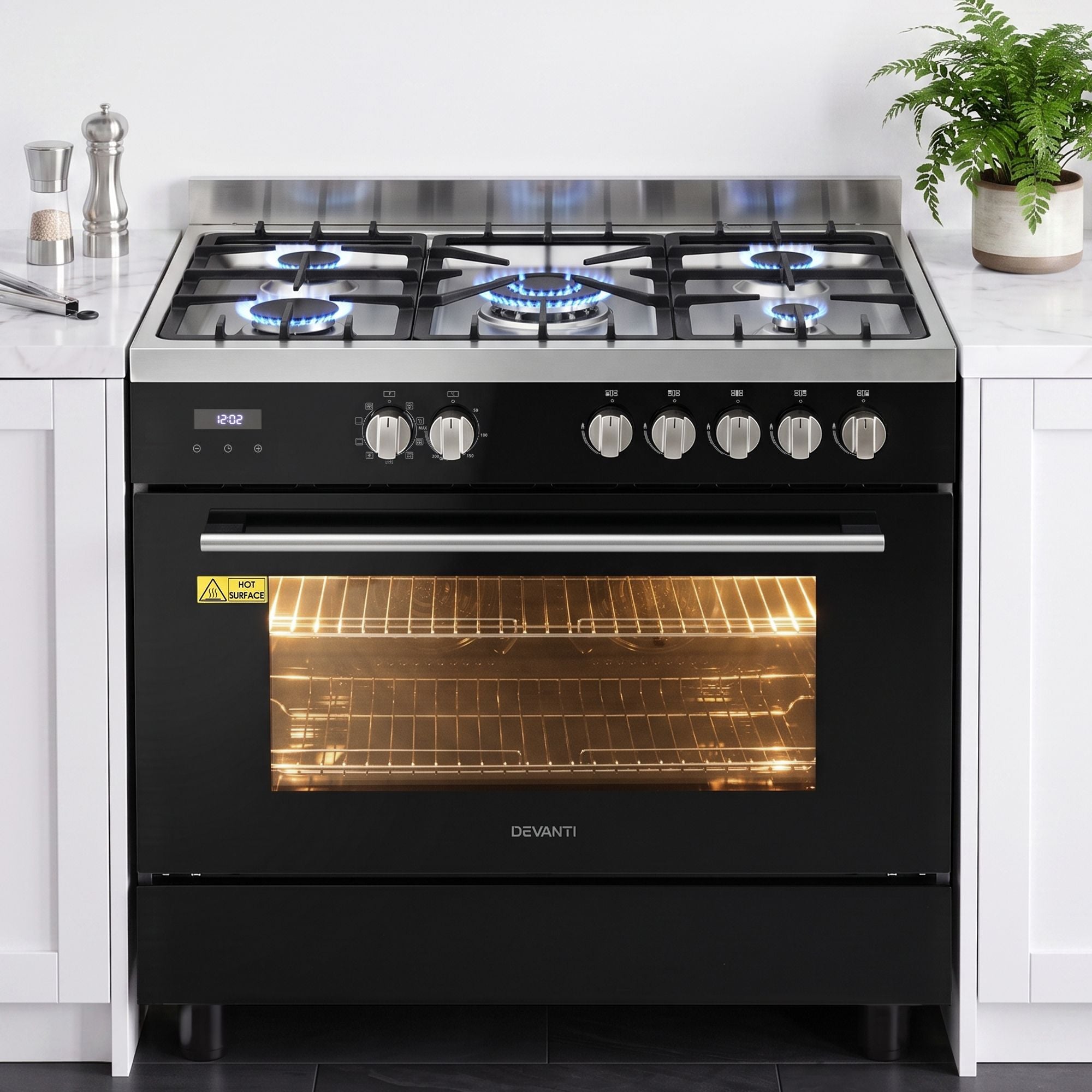 Devanti 90cm Dual Fuel Cooker Gas Cooktop Electric Oven 5 Burner