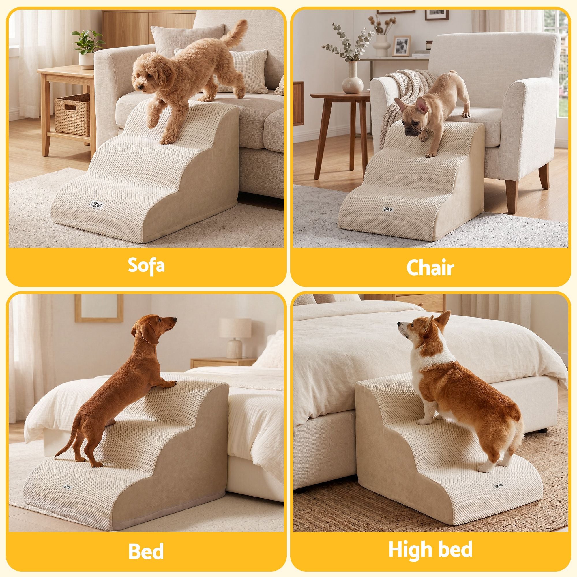 i.Pet Dog Ramp Washable Cover Stairs for Bed Sofa Foam Step Ladder 3 Tier Beige