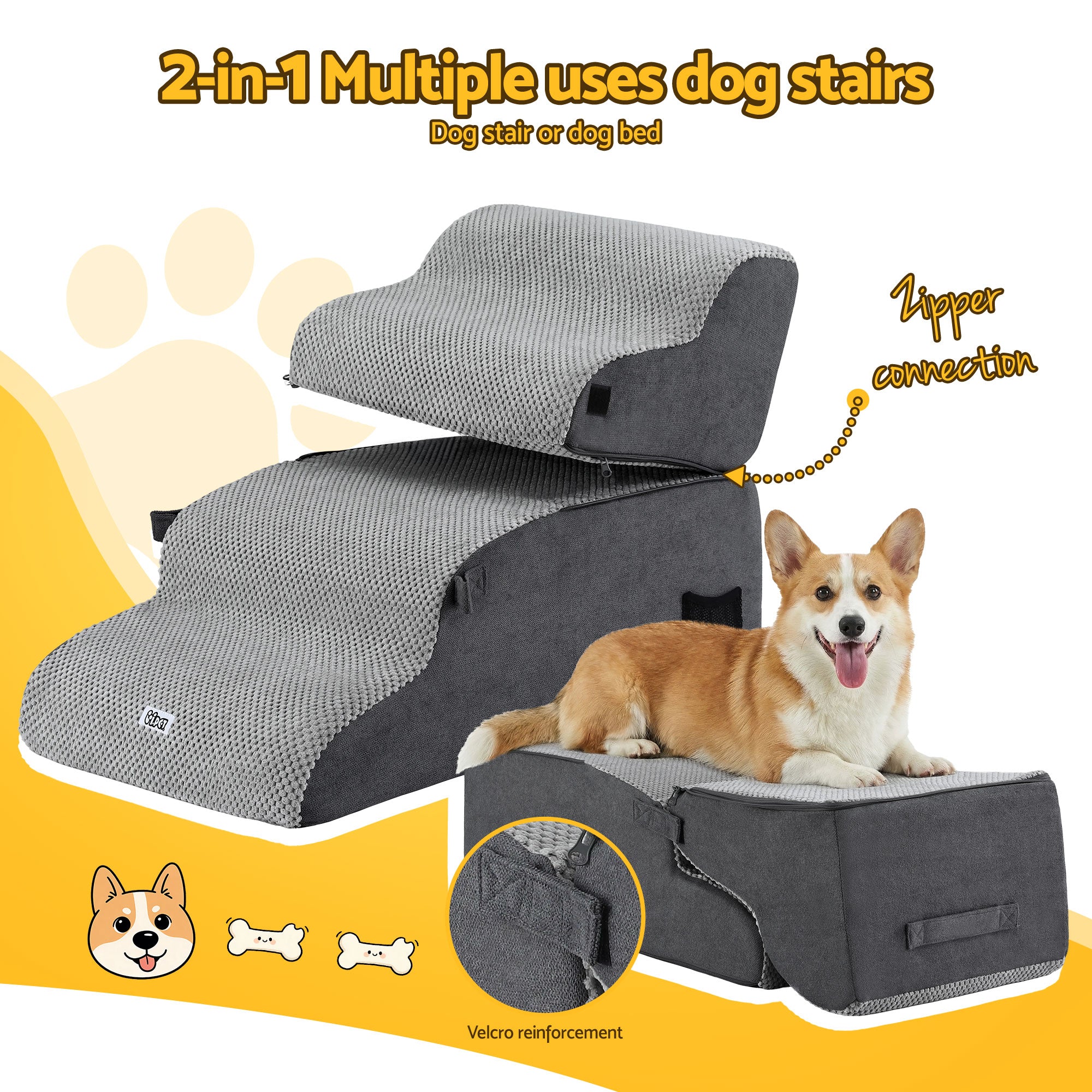 i.Pet Dog Stairs and Bed 2-in-1 Sofa Car Foam Non-Slip Washable Pet Stairs Indoor Grey FDR-D-FOAM-4T-2IN1-GR