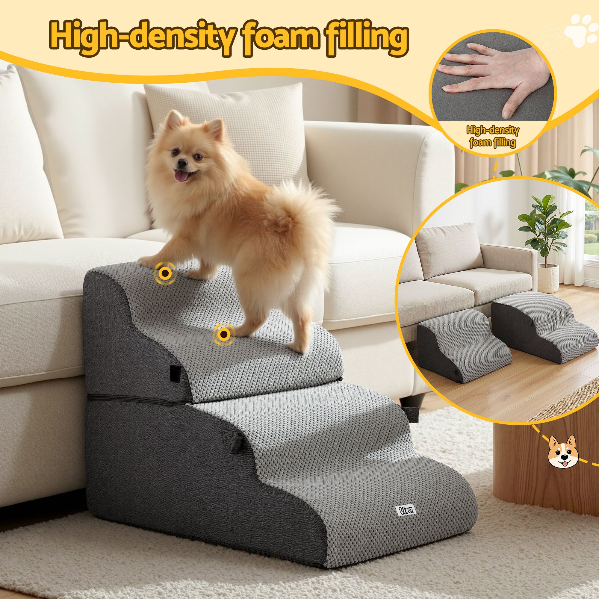 i.Pet Dog Stairs and Bed 2-in-1 Sofa Car Foam Non-Slip Washable Pet Stairs Indoor Grey FDR-D-FOAM-4T-2IN1-GR