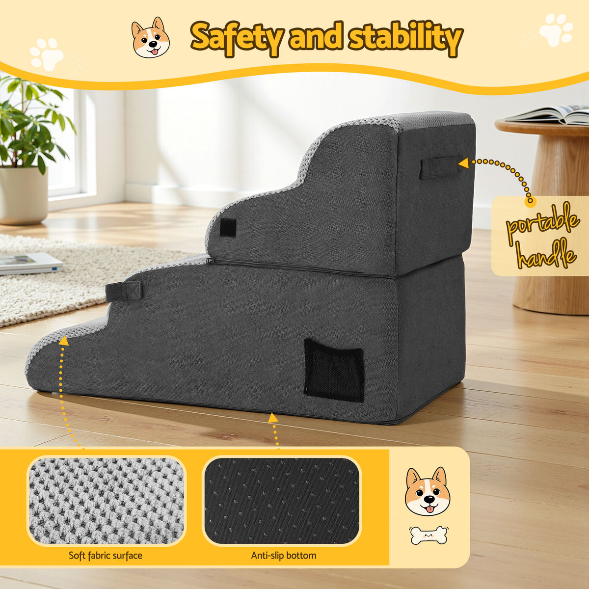 i.Pet Dog Stairs and Bed 2-in-1 Sofa Car Foam Non-Slip Washable Pet Stairs Indoor Grey FDR-D-FOAM-4T-2IN1-GR