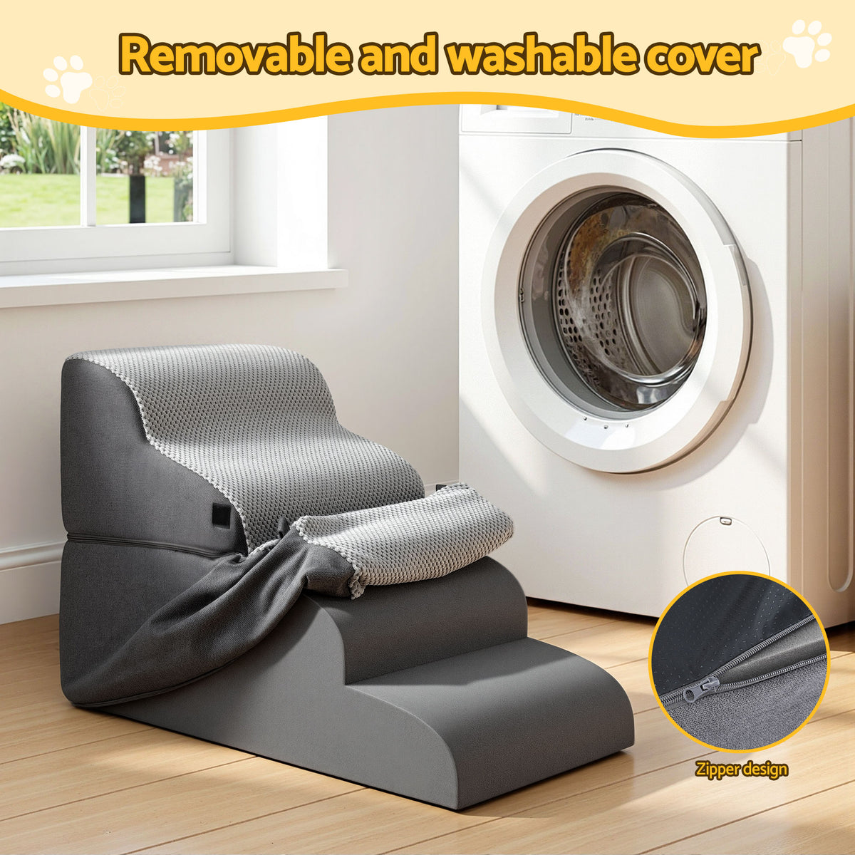 i.Pet Dog Stairs and Bed 2-in-1 Sofa Car Foam Non-Slip Washable Pet Stairs Indoor Grey FDR-D-FOAM-4T-2IN1-GR