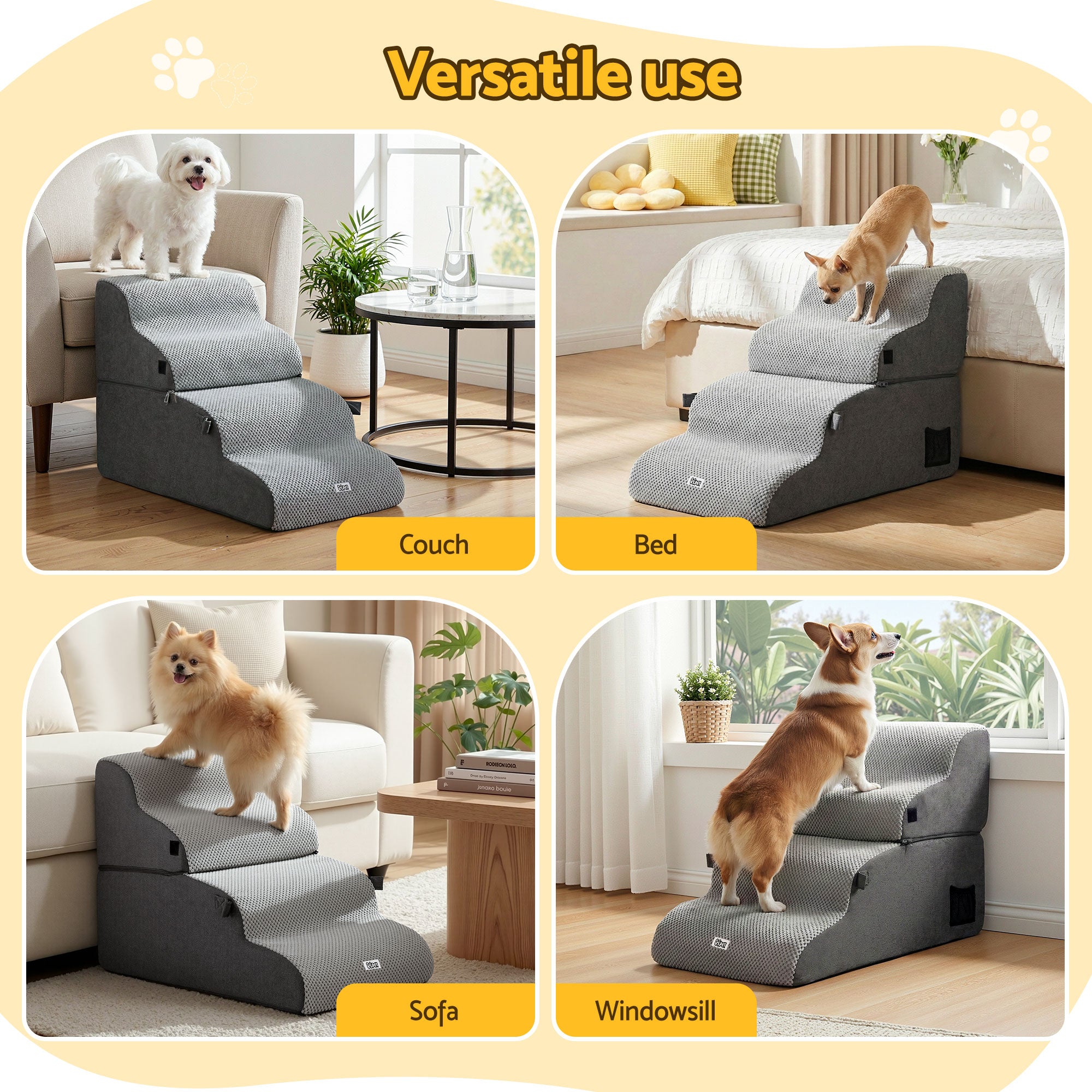 i.Pet Dog Stairs and Bed 2-in-1 Sofa Car Foam Non-Slip Washable Pet Stairs Indoor Grey FDR-D-FOAM-4T-2IN1-GR