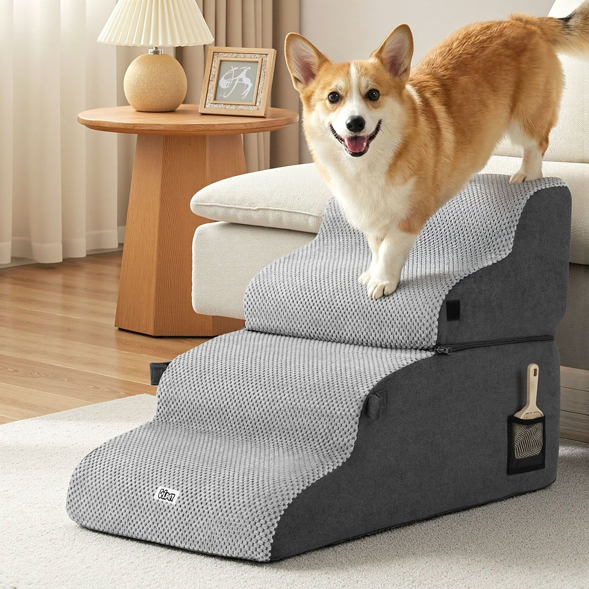 i.Pet Dog Stairs and Bed 2-in-1 Sofa Car Foam Non-Slip Washable Pet Stairs Indoor Grey FDR-D-FOAM-4T-2IN1-GR