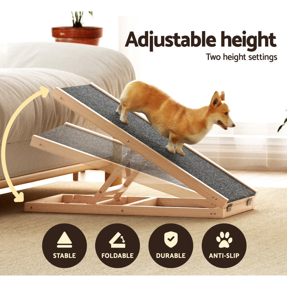i.Pet Dog Ramp 70cm Adjustable Height Wooden Steps Stairs For Bed Sofa Car Foldable FDR-D-WOOD70-GR