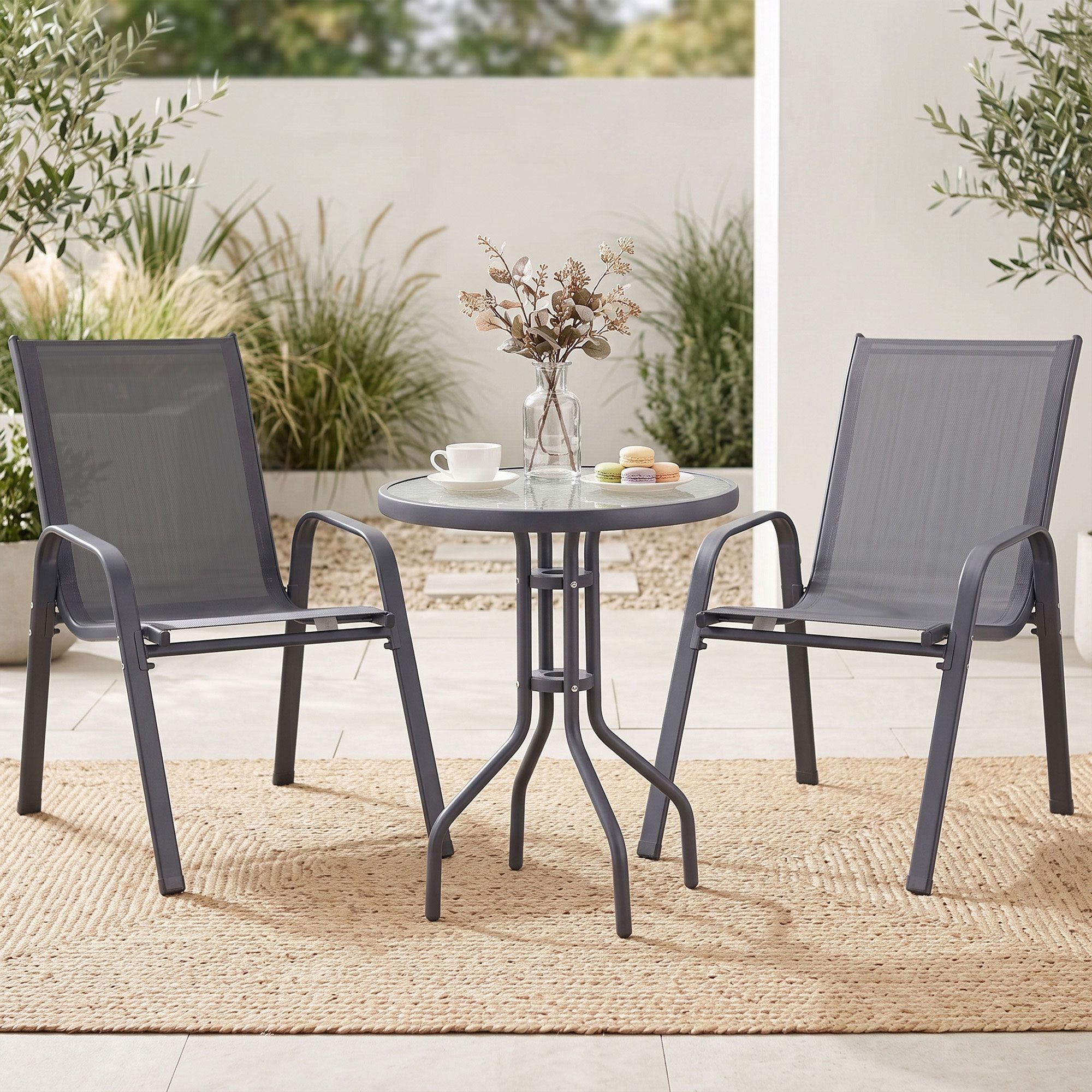 Gardeon 3PC Outdoor Bistro Set Table and Chairs Stackable Patio Furniture Grey