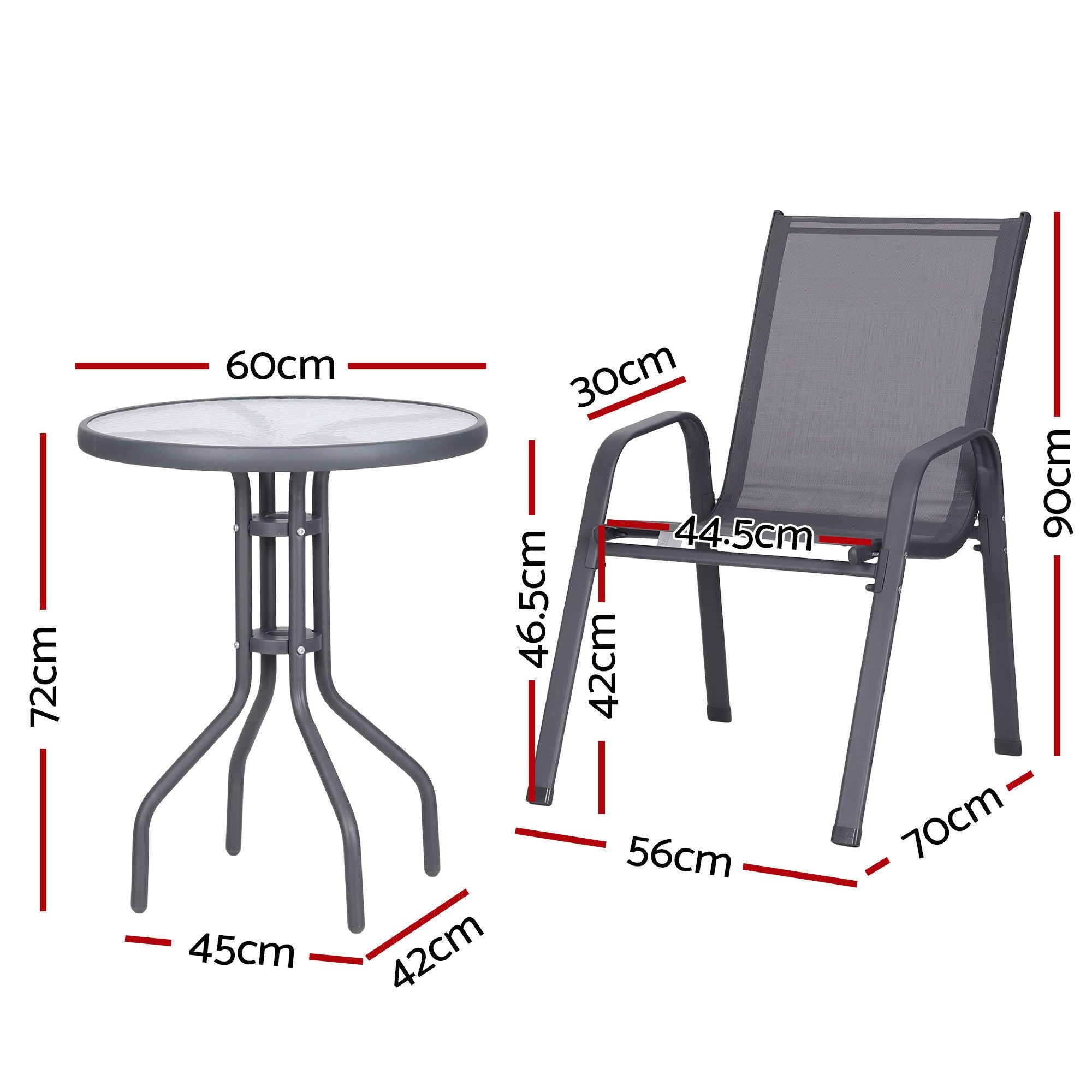 Gardeon 3PC Outdoor Bistro Set Table and Chairs Stackable Patio Furniture Grey