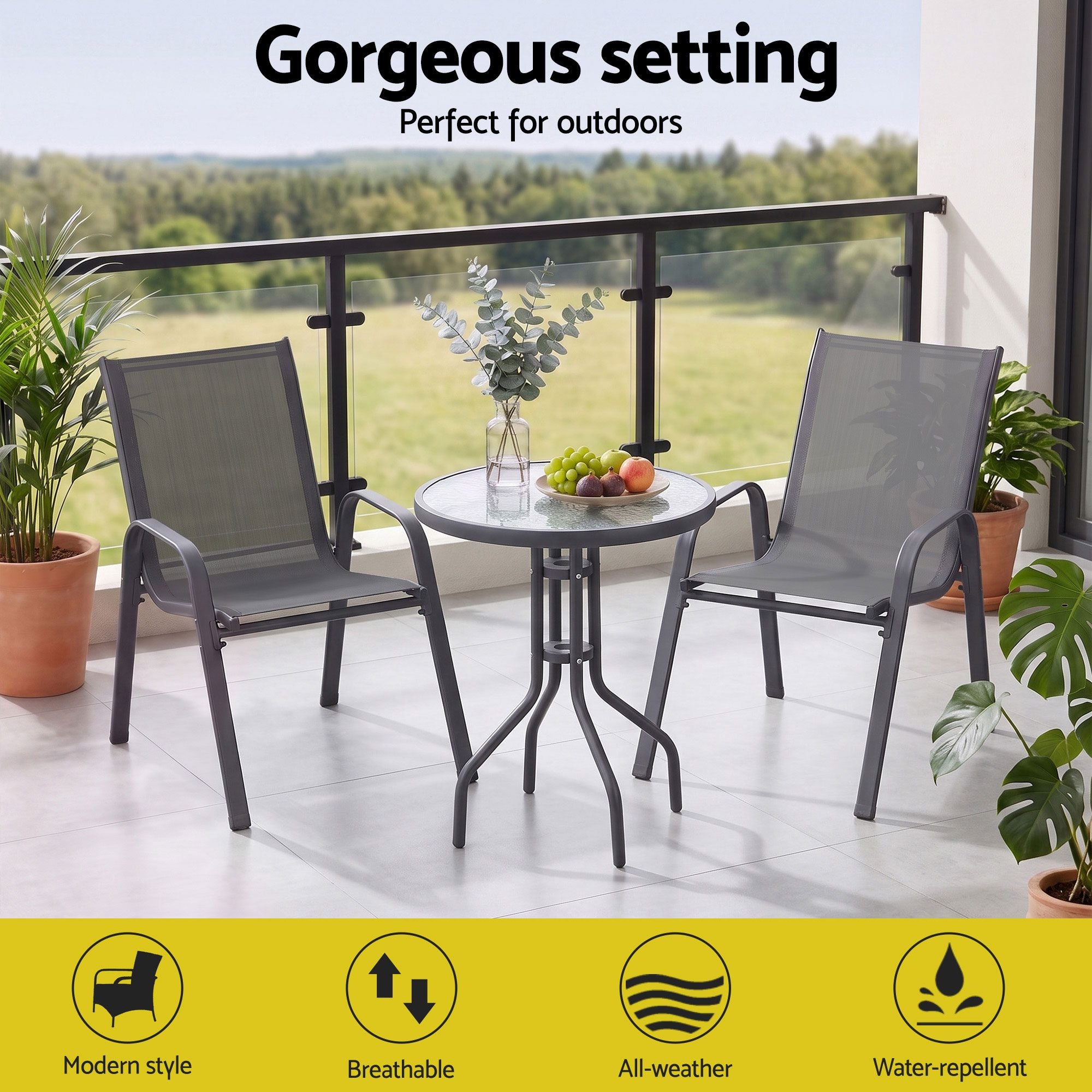Gardeon 3PC Outdoor Bistro Set Table and Chairs Stackable Patio Furniture Grey