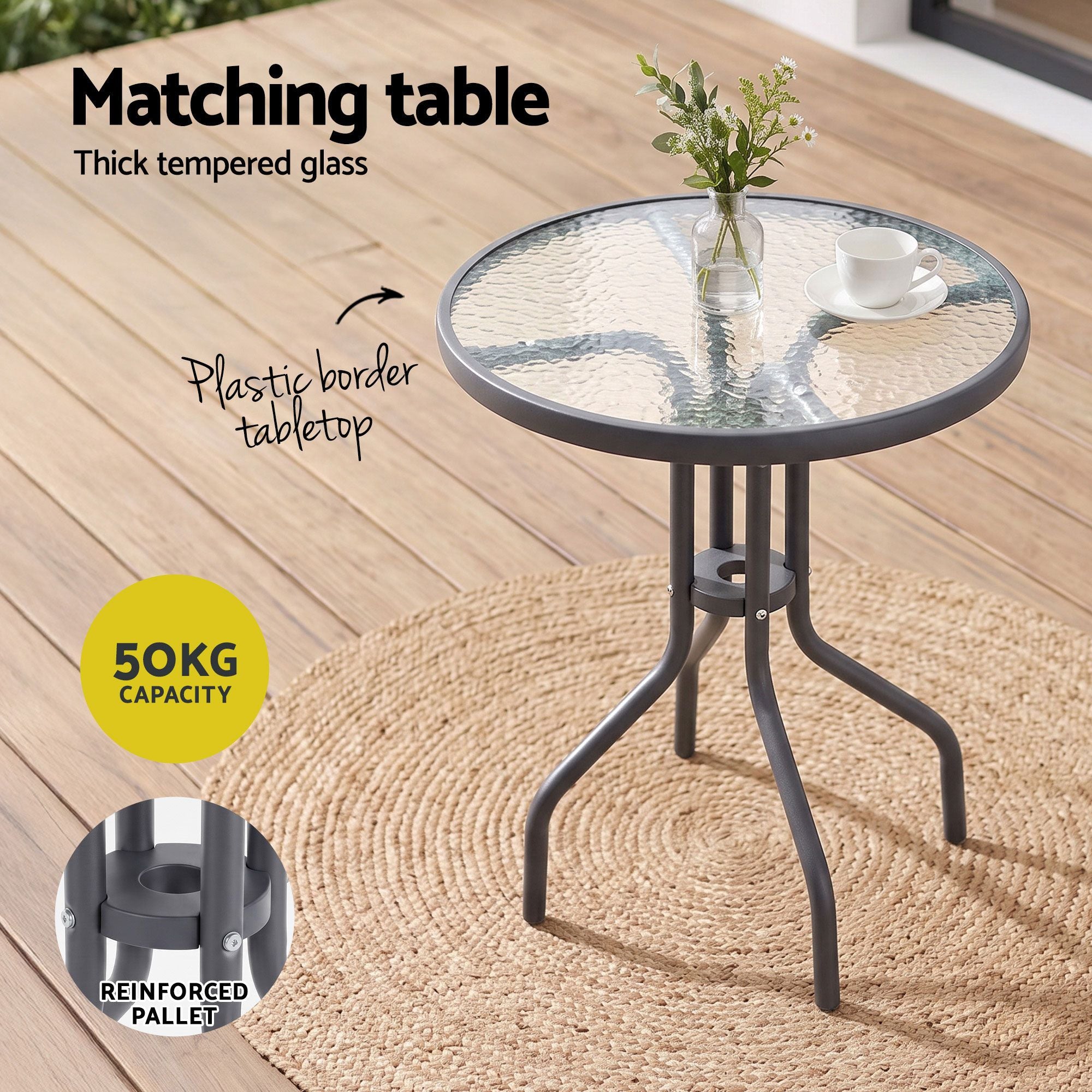 Gardeon 3PC Outdoor Bistro Set Table and Chairs Stackable Patio Furniture Grey