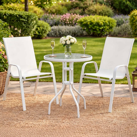 Gardeon 3PC Outdoor Bistro Set Table and Chairs Stackable Patio Furniture White FF-B-STA-AL80-WH
