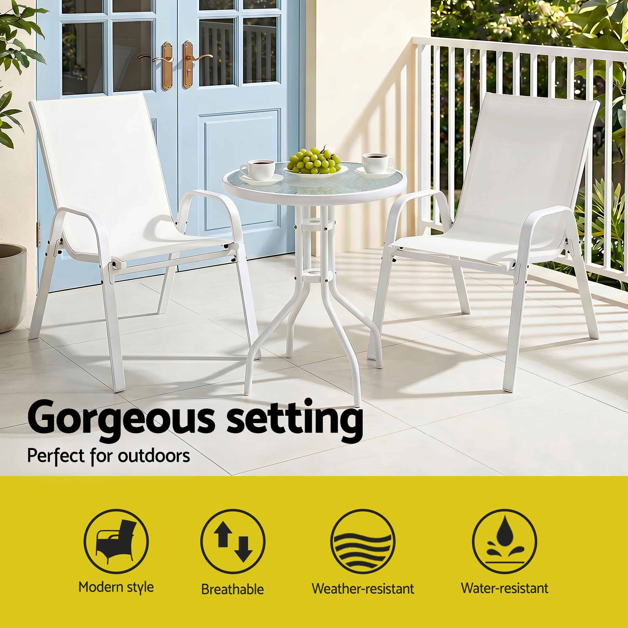 Gardeon 3PC Outdoor Bistro Set Table and Chairs Stackable Patio Furniture White FF-B-STA-AL80-WH